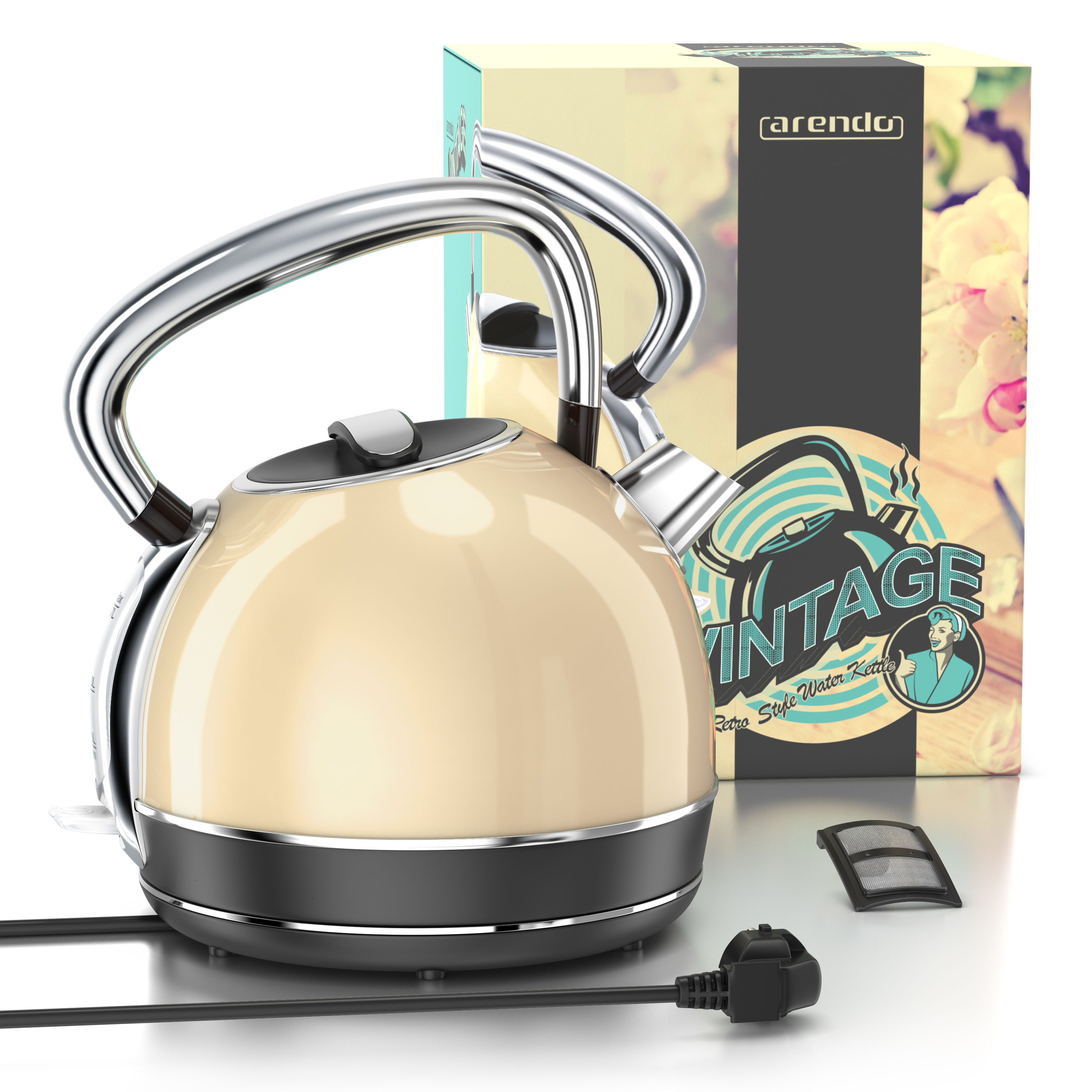 Ein cremefarbener Vintage-Wasserkocher mit schwarzem Boden und einer Box mit Retro-Design. Ein Filter und Stecker sind ebenfalls sichtbar.