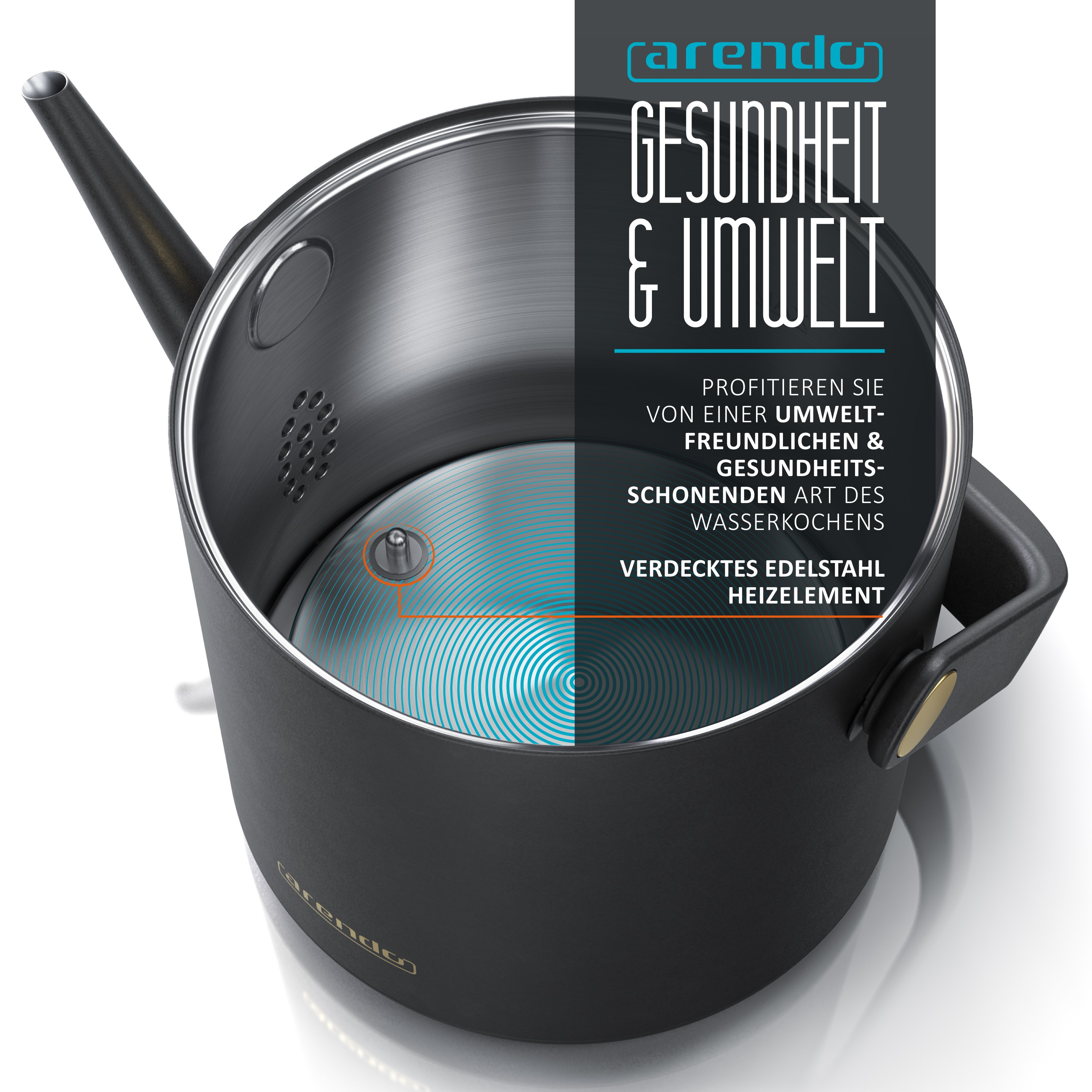 Ein schwarzer Wasserkocher mit Griff, Ausguss und Text. Text sagt 'Gesundheit & Umwelt'. Blaues und oranges Design innen.