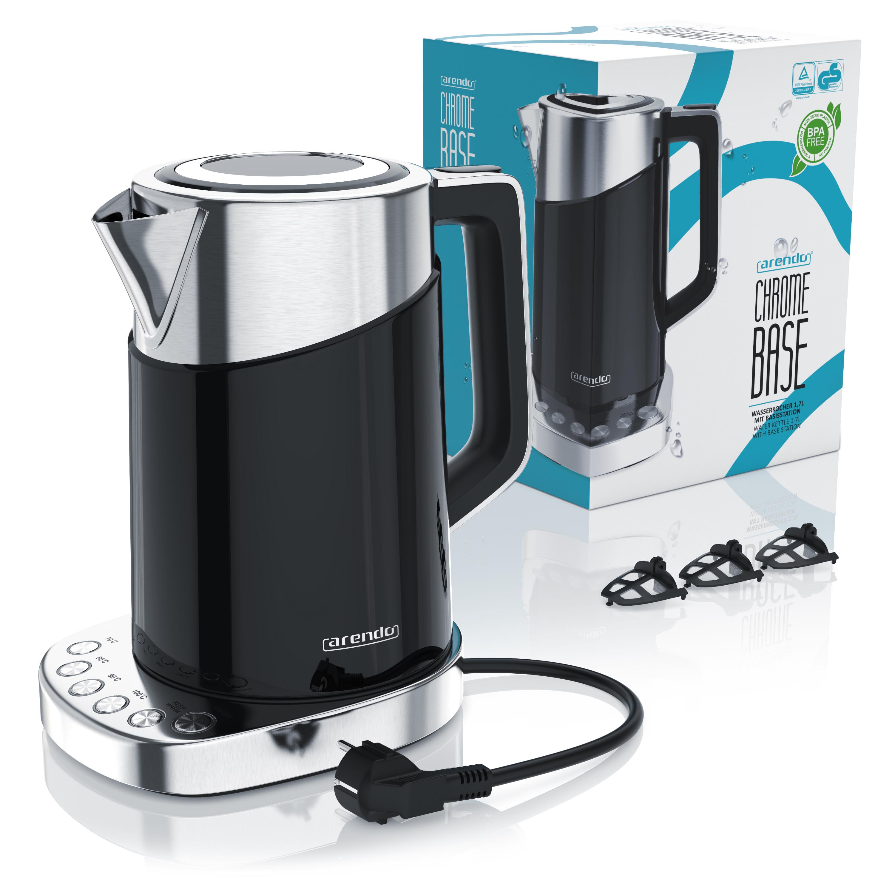 Ein schwarz-silberner Wasserkocher mit passender Box und drei kleinen schwarzen Filtern.