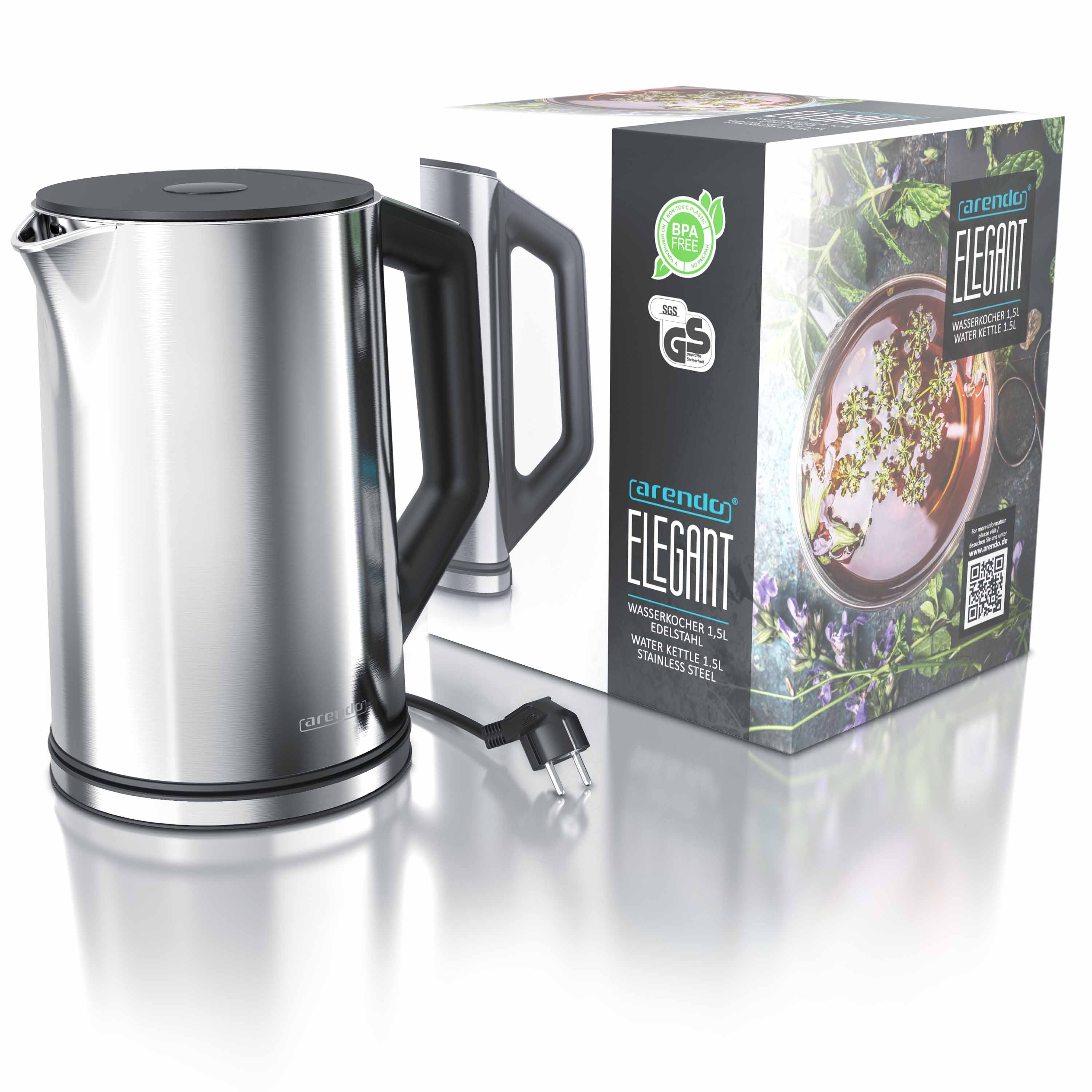 Ein Edelstahlkessel mit schwarzem Griff und Deckel neben einer Produktverpackung mit Blumendesign.