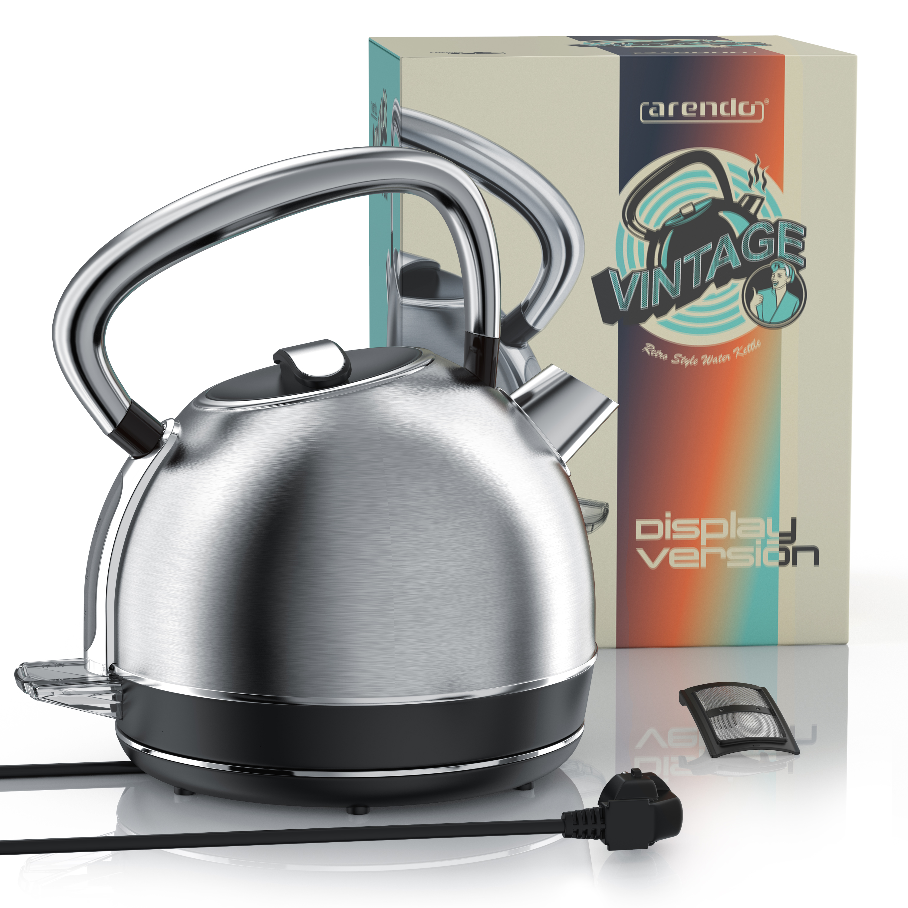 Ein metallischer Wasserkocher mit schwarzem Sockel steht vor einer Schachtel. Die Schachtel hat das Wort "Vintage" und ein Retro-Design.