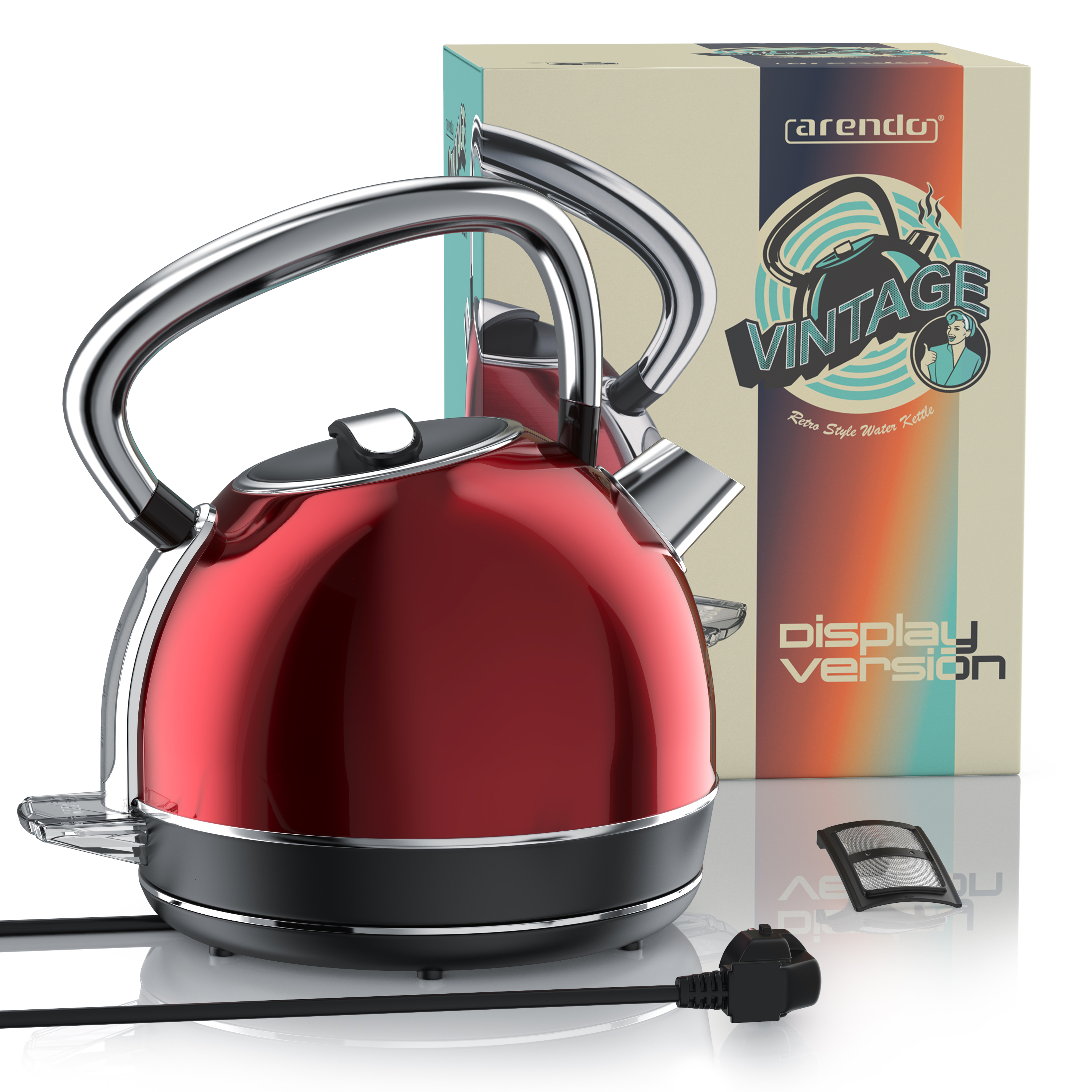 Ein roter Wasserkocher mit silbernem Griff steht neben einer Schachtel. Die Schachtel hat ein Vintage-Design und die Worte 'Display-Version'.