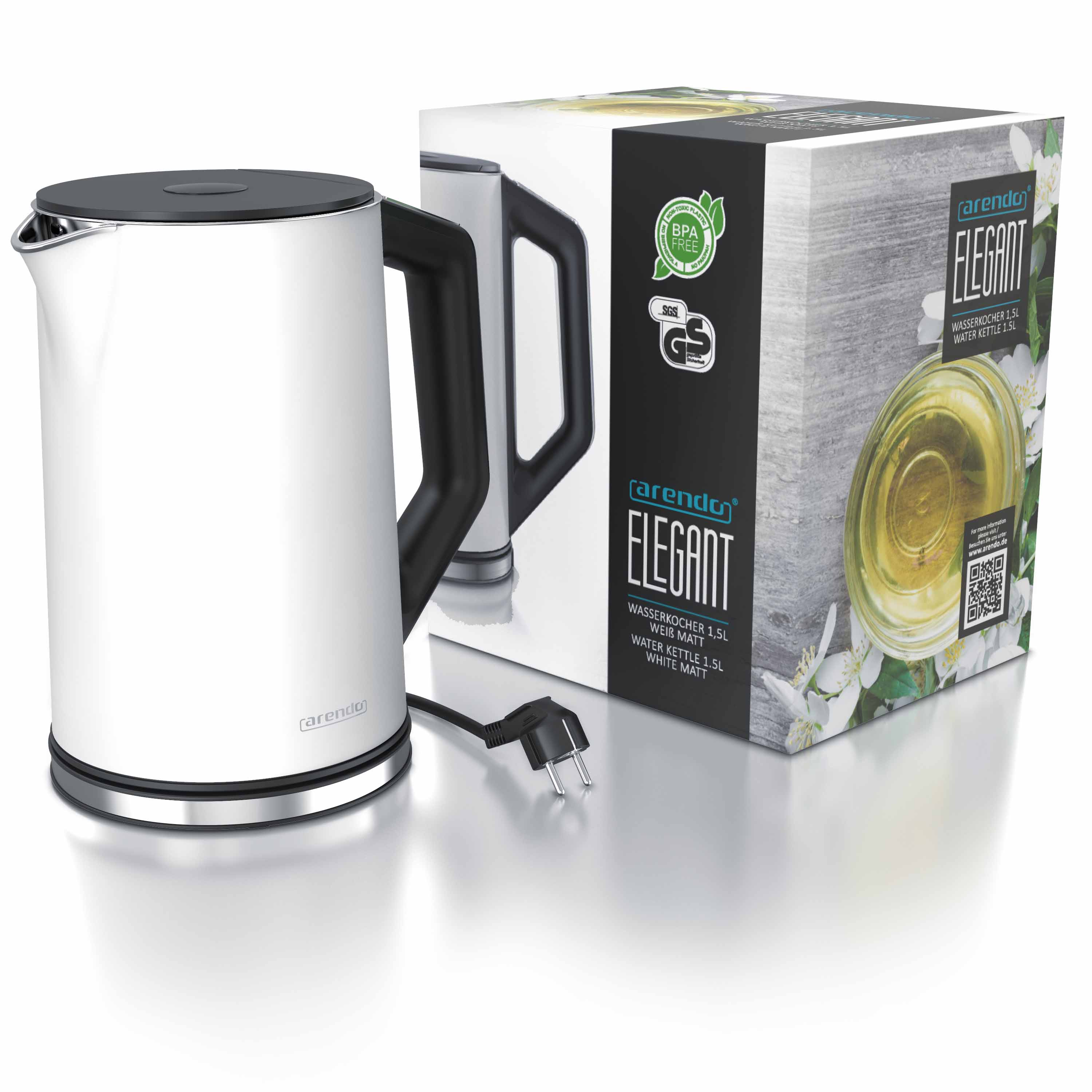 Ein weißer Wasserkocher mit schwarzem Griff und Deckel steht neben einer Produktbox. Box zeigt Wasserkocherbild und Text.