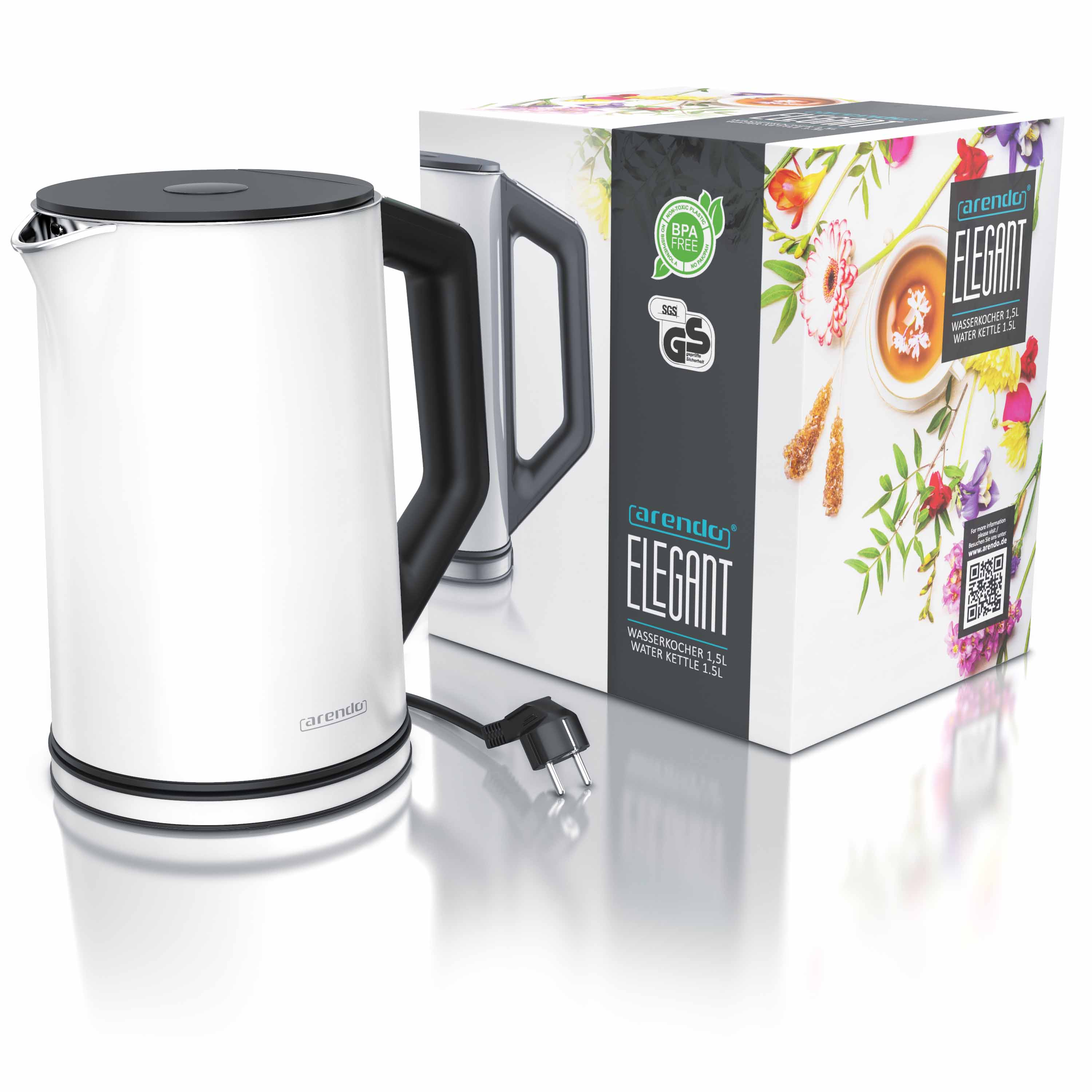 Ein weißer Wasserkocher mit schwarzem Griff und Deckel steht neben seiner Box. Die Box hat Blumendesigns.