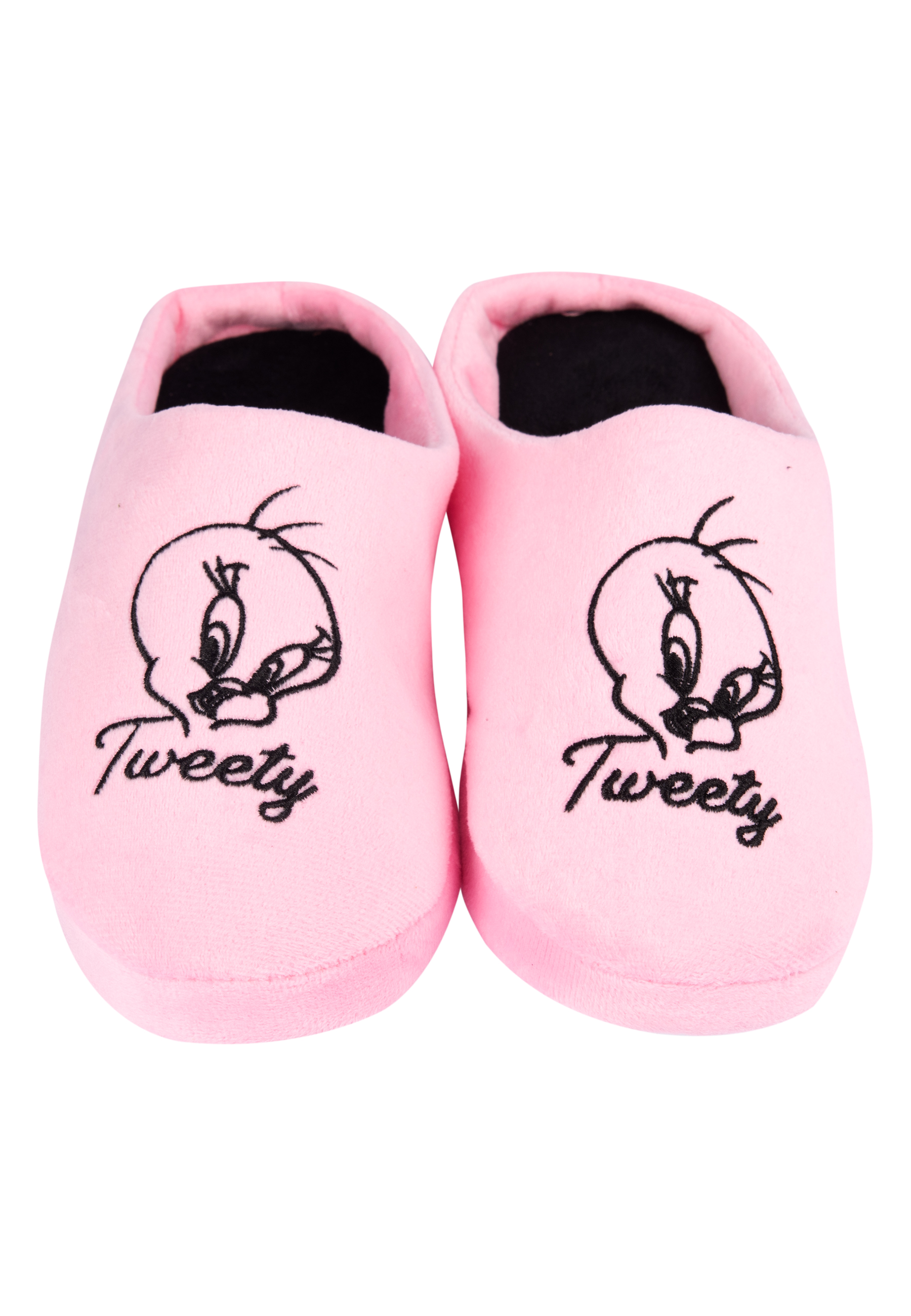 Een paar roze Tweety Bird-slippers. Elk heeft een Tweety-gezicht en het woord 'Tweety' in het zwart.