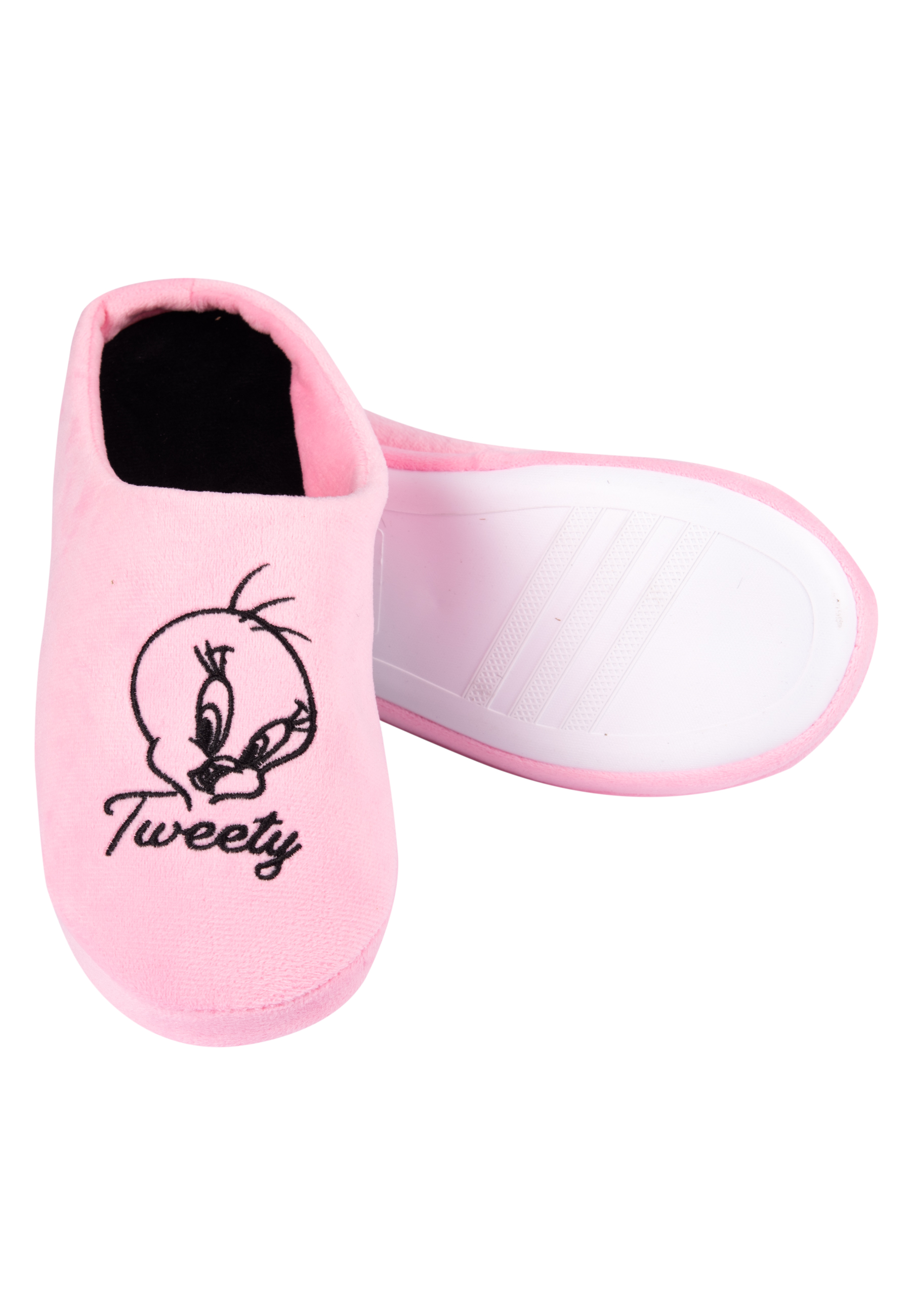 Roze Tweety Bird pantoffels. Eén rechtop, de andere schuin. Witte zolen, zwart interieur.
