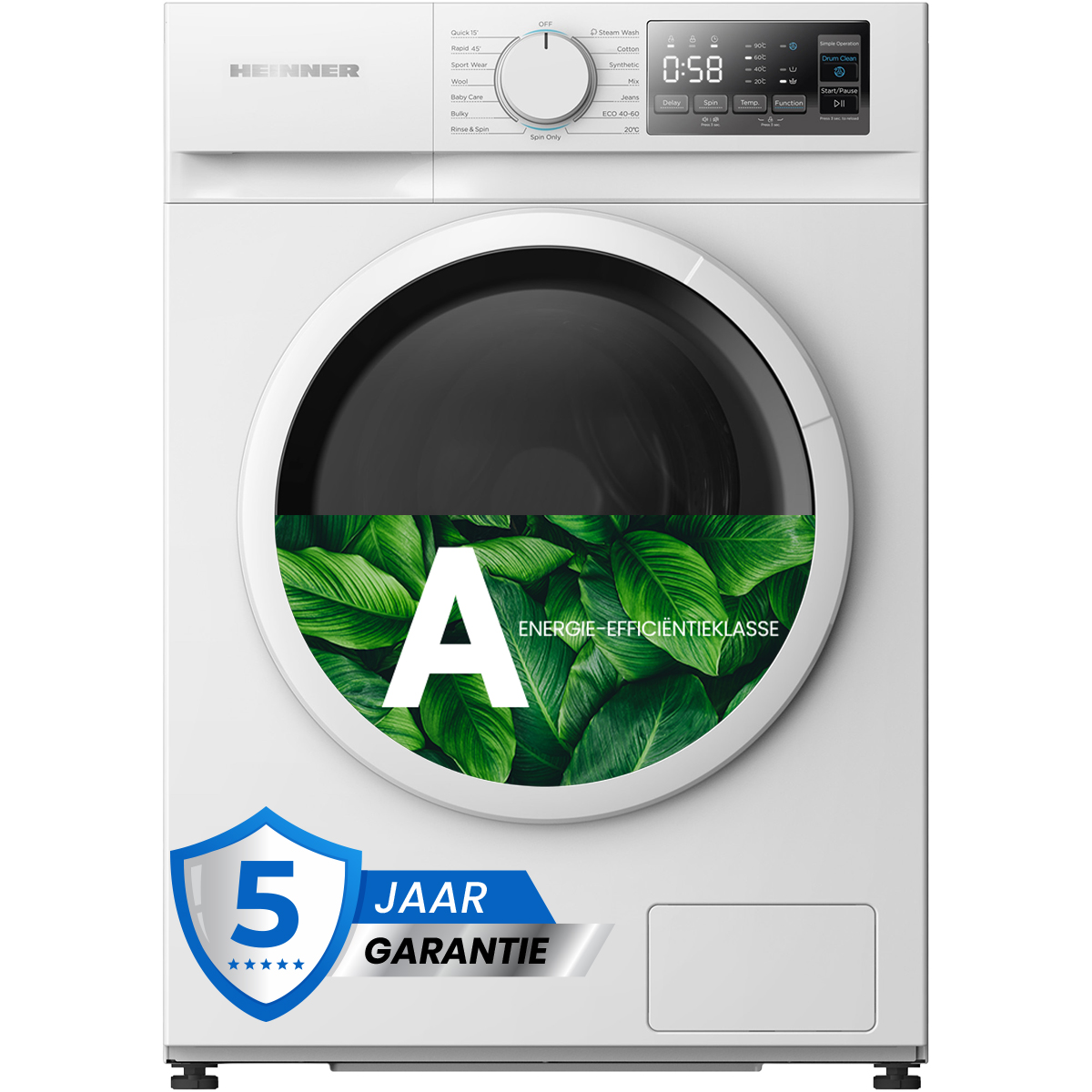 Een witte wasmachine met bedieningspaneel en ronde zwarte deur. Het heeft een energielabel en een 5 jaar garantie sticker.