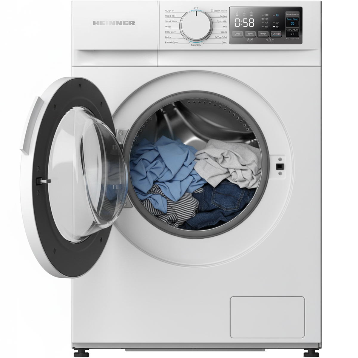 Een witte wasmachine met de deur open, waar de was in te zien is. Het bedieningspaneel is zichtbaar en de machine staat op een witte achtergrond.