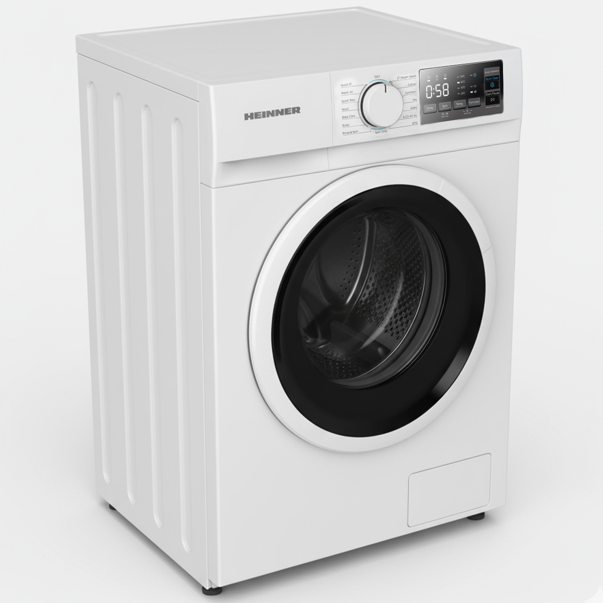 Een witte HEINNER wasmachine. Het heeft een zwarte deur en een bedieningspaneel met instellingen en een timer.