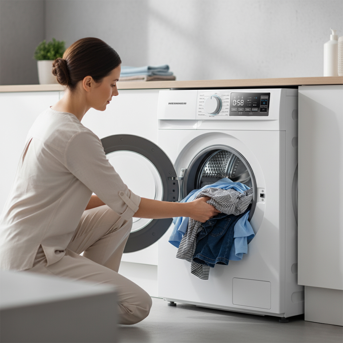 Een vrouw laadt wasgoed in een witte wasmachine. Ze draagt lichte kleding. Er zit kleding in de machine.