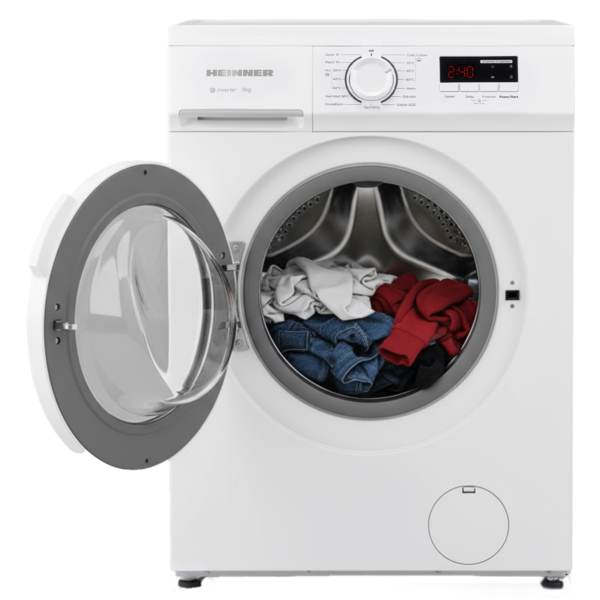 Eine weiße Waschmaschine mit offener Tür, die Kleidung im Inneren zeigt. Die Anzeige zeigt 2:40. Die Marke ist Heinner, Inverter 9kg.