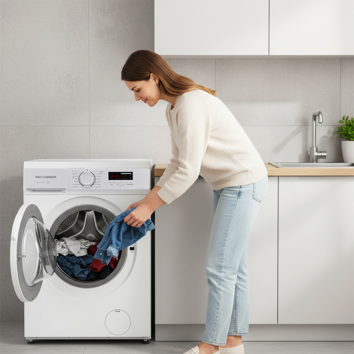 Eine Frau legt Kleidung in eine weiße Waschmaschine. Sie trägt einen weißen Pullover und Jeans. Küchenschränke sind im Hintergrund.