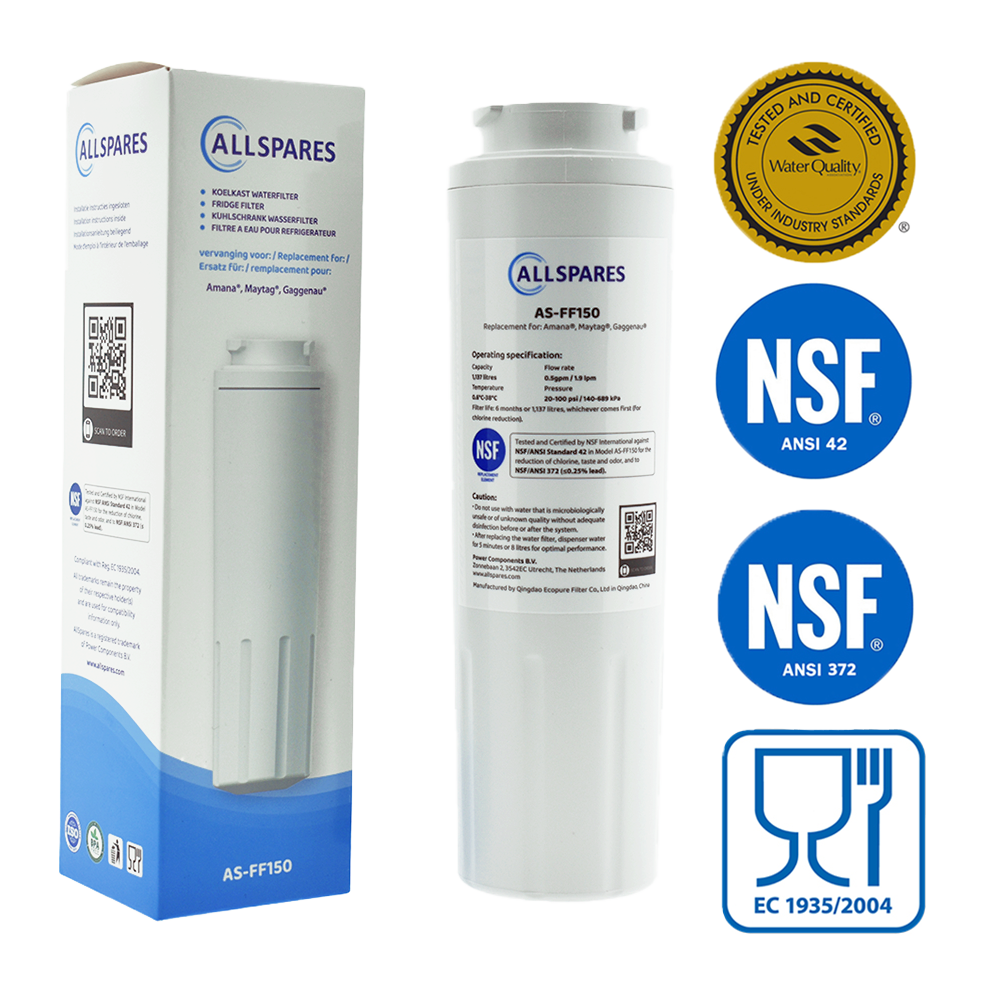 Ein weißer Wasserfilter und seine Box. Box und Filter haben Markenlogos, darunter NSF und Allspares.