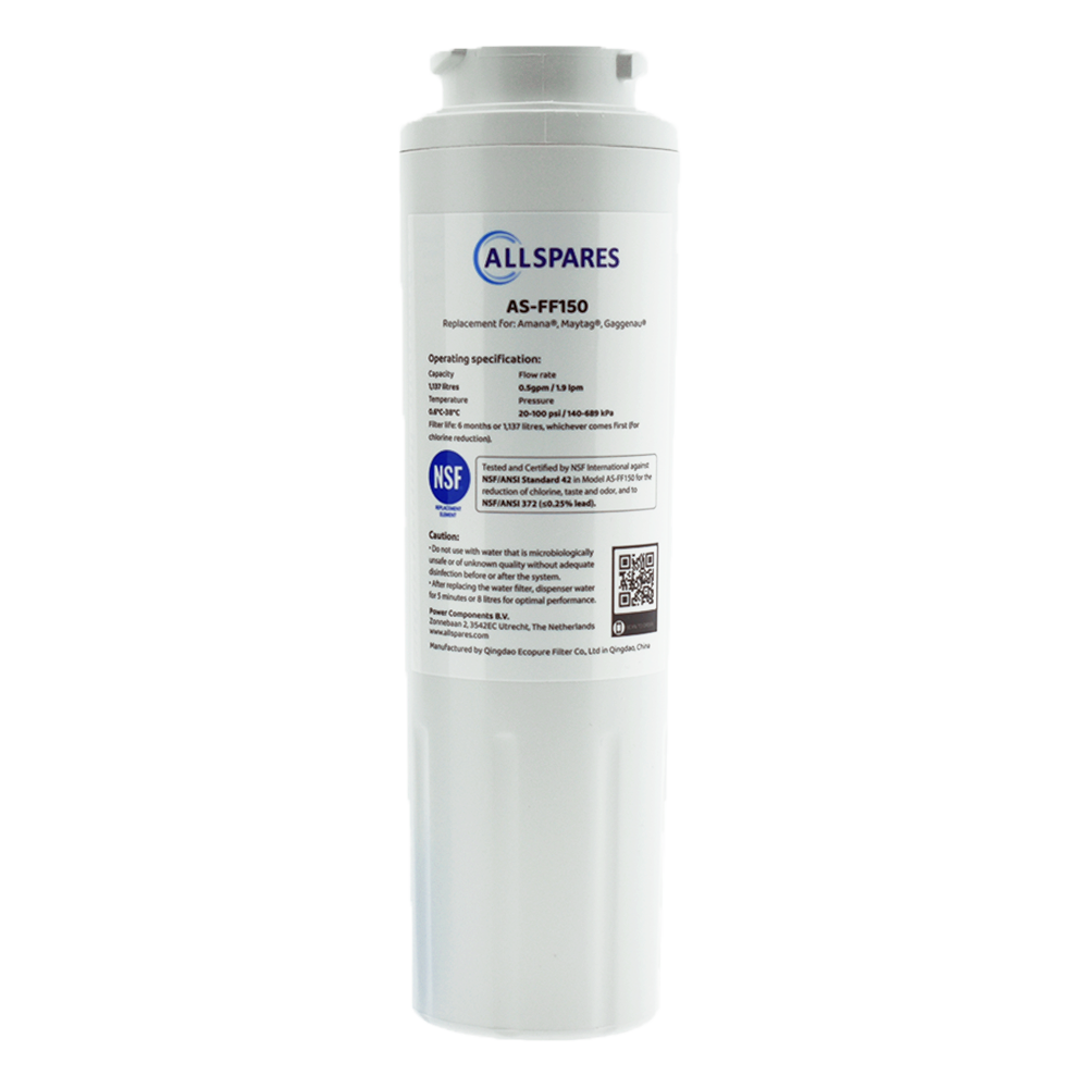 Ein weißer Wasserfilter mit Textetiketten. Der Filter ist zylindrisch. Text enthält 'Allspares' und 'AS-FF150'.