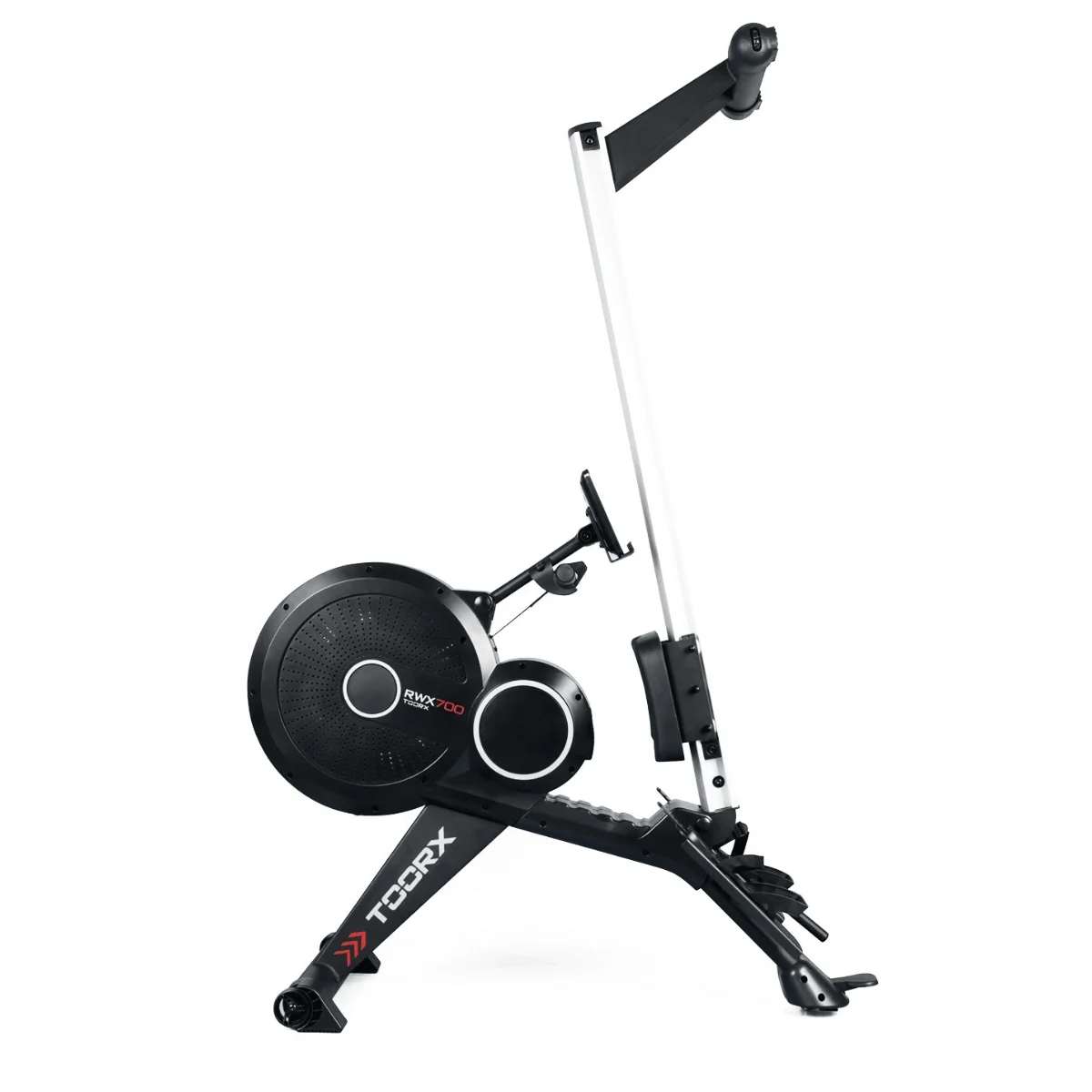 A rowing machine with black and white accents is displayed against a white background. It has a flywheel, seat, and monitor.
