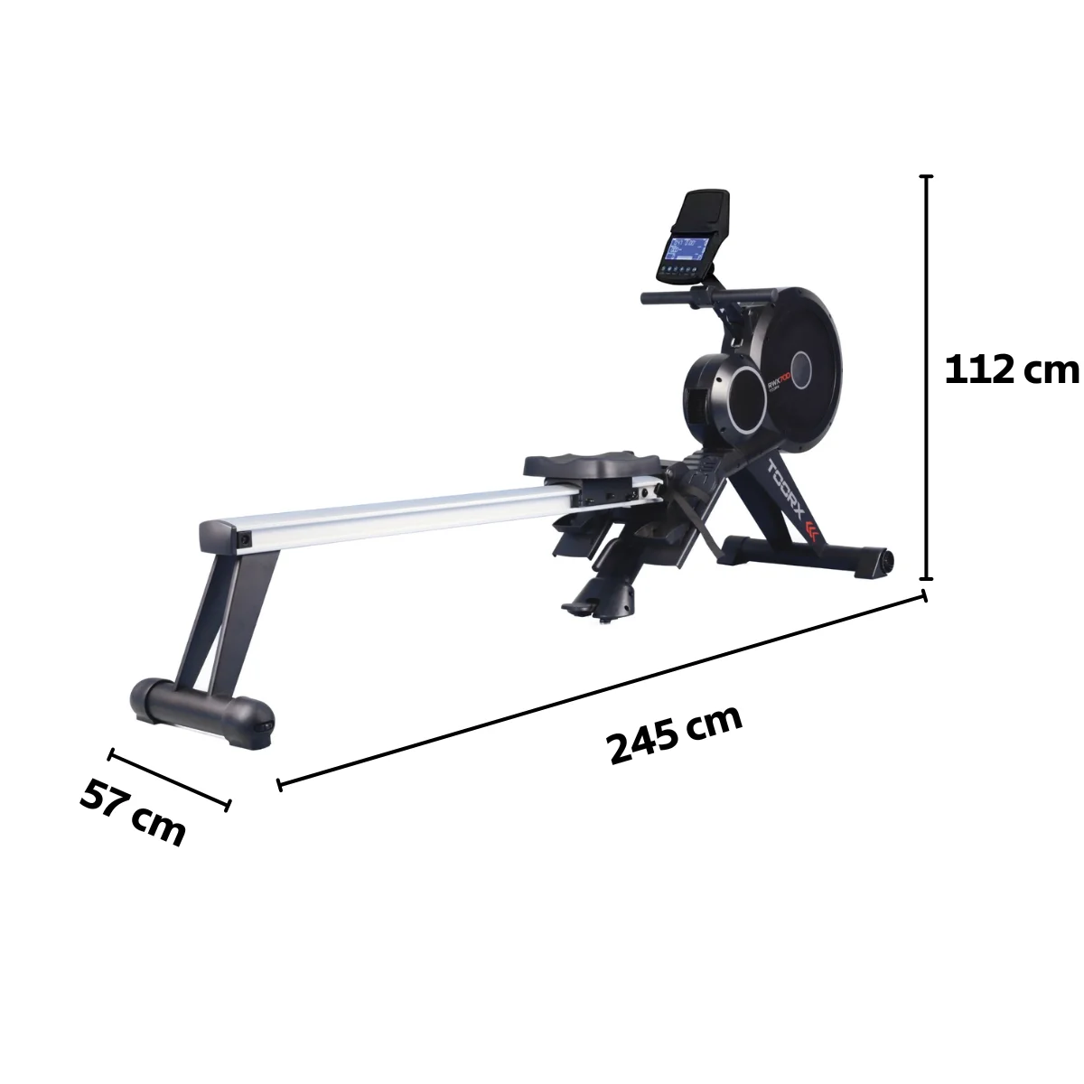 A rowing machine is shown. It is black and silver, with dimensions of 245cm x 57cm x 112cm. The brand is 'TOORX'.