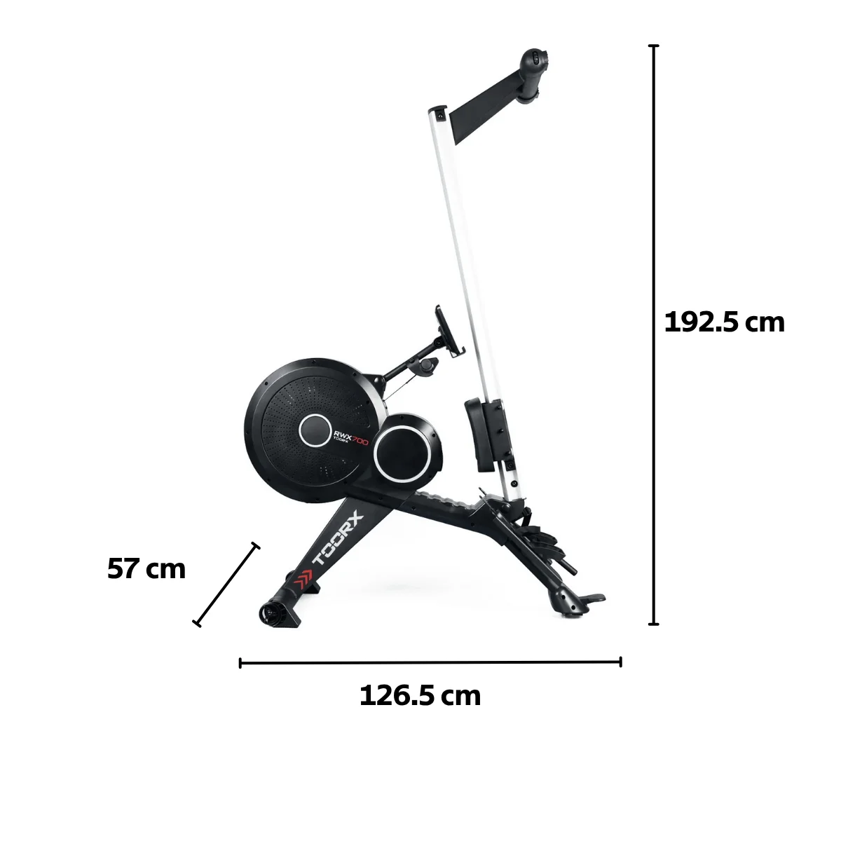 Black and silver rowing machine with measurements. Dimensions are 192.5 cm height, 126.5 cm length, and 57 cm width.