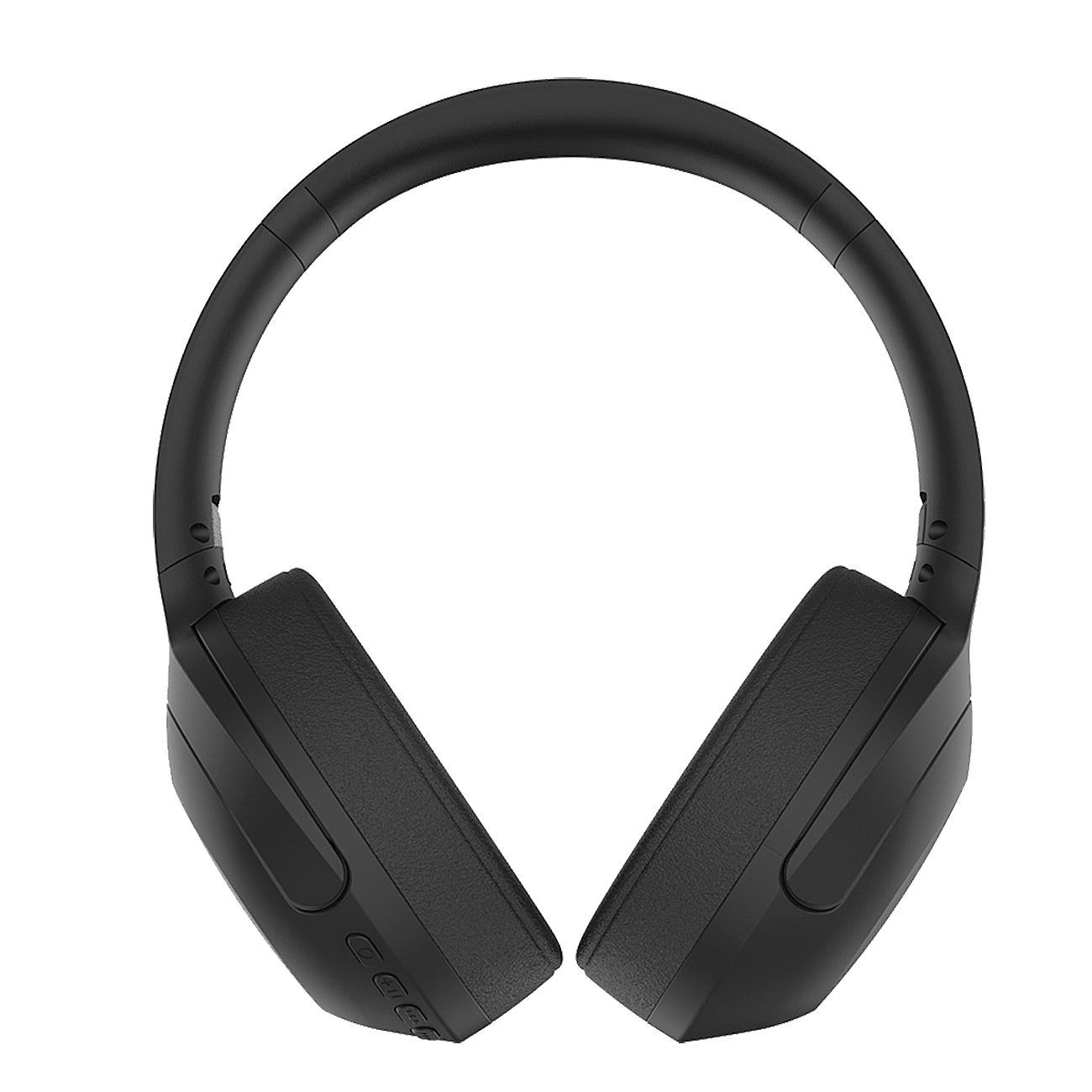 Un paio di cuffie nere over-ear, isolate su sfondo bianco. Le cuffie sono simmetriche.