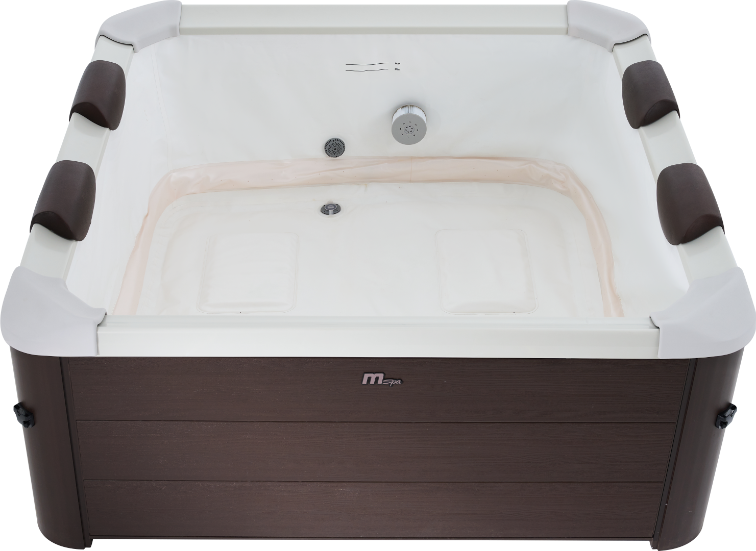 Ein rechteckiger Whirlpool mit brauner Außenseite und weißer Innenseite. Er hat braune Kopfstützen, weiße Zierleisten und verschiedene Düsen und Bedienelemente.