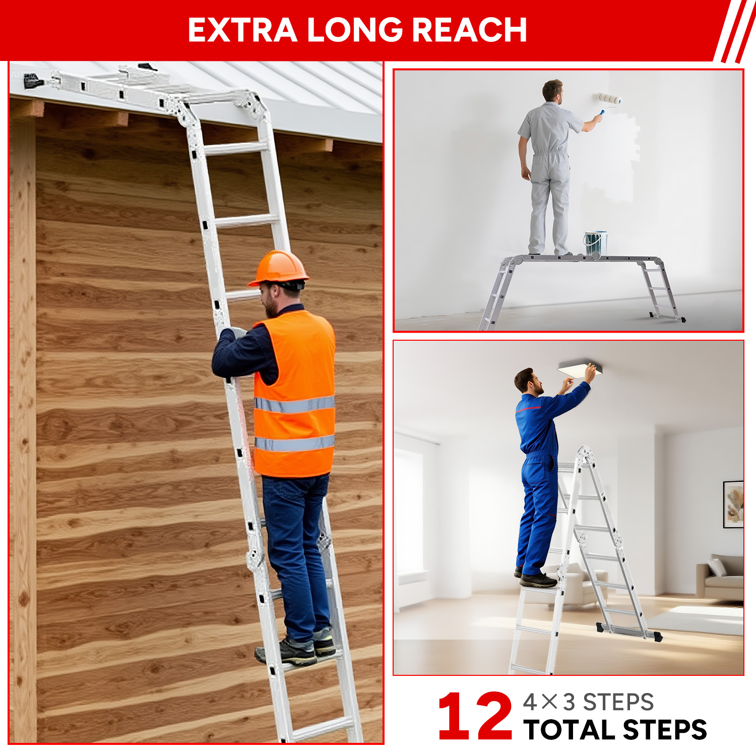 Obrazek przedstawia drabinę wielofunkcyjną w użyciu. Robotnicy są na drabinie, malują i instalują światło sufitowe.