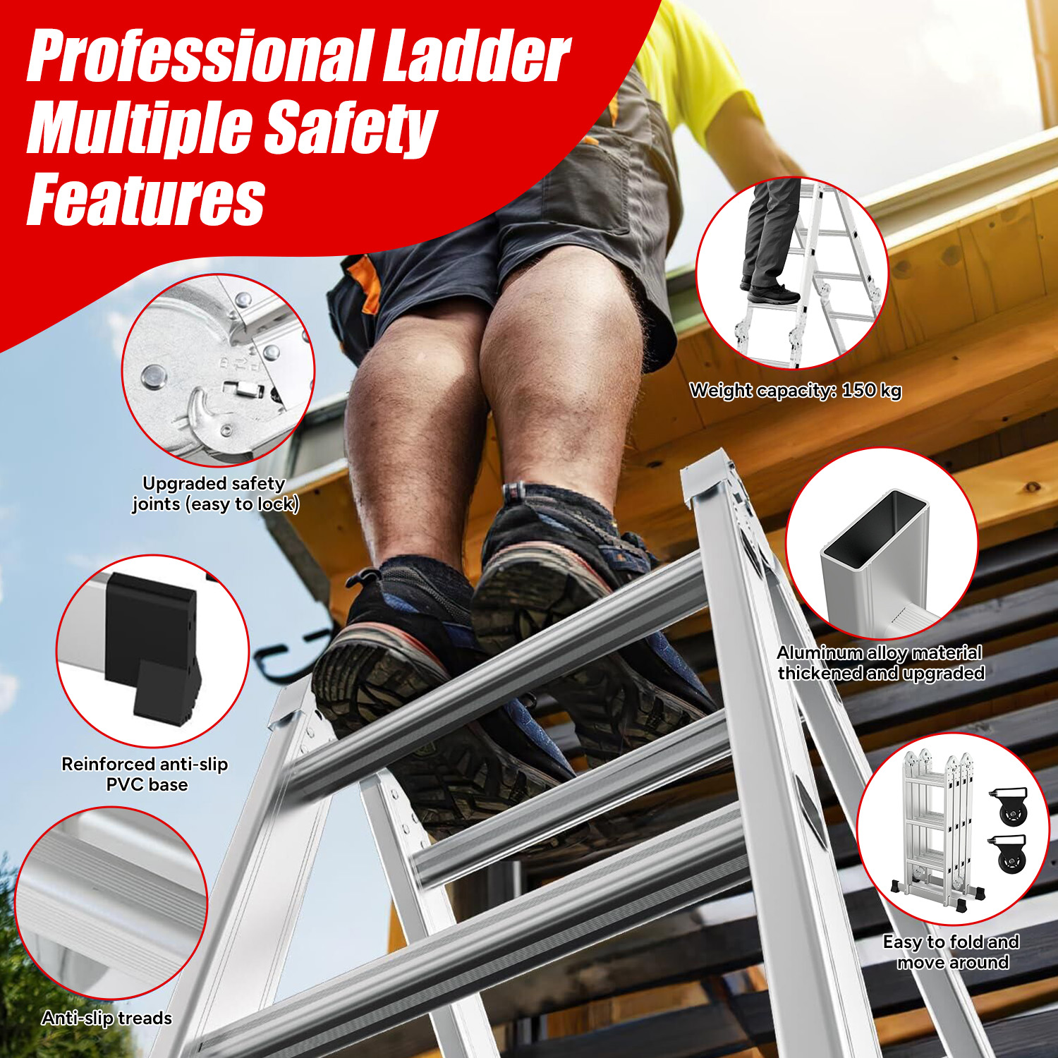 Osoba stoi na srebrnej drabinie z wieloma funkcjami bezpieczeństwa. Obraz wyróżnia wzmocnioną podstawę, antypoślizgowe stopnie i ulepszone połączenia.