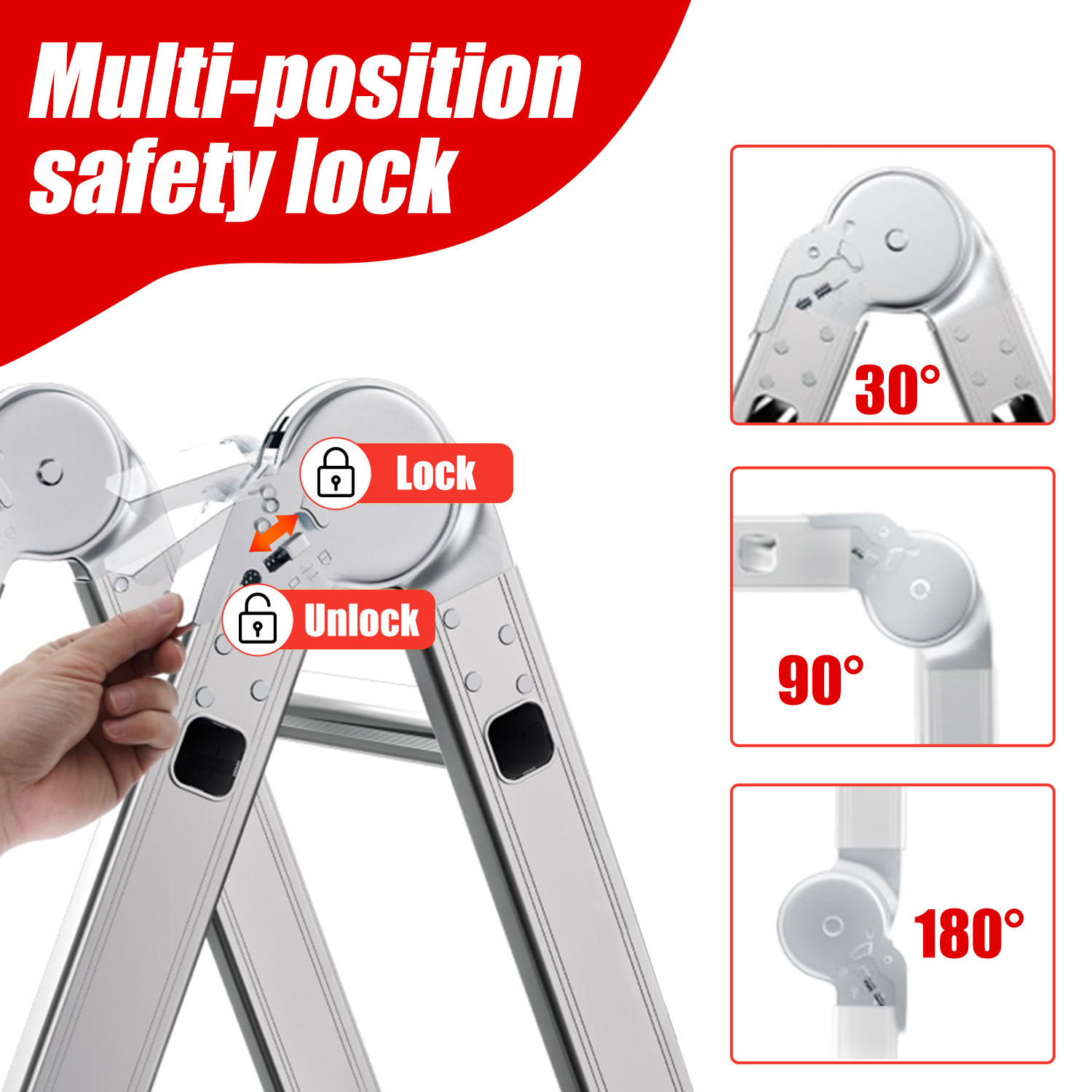 Wielopozycyjna drabina z blokadą bezpieczeństwa i opcjami blokowania i odblokowywania. Wyświetla kąty 30, 90 i 180 stopni. Ręka odblokowuje drabinę.
