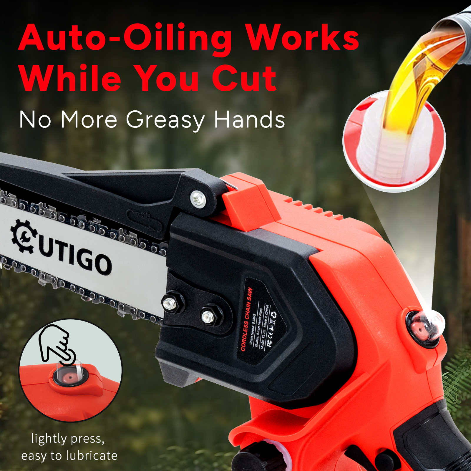 An orange and black cordless chainsaw with the text 'Auto-Oiling Works', and oil pouring from a nozzle.