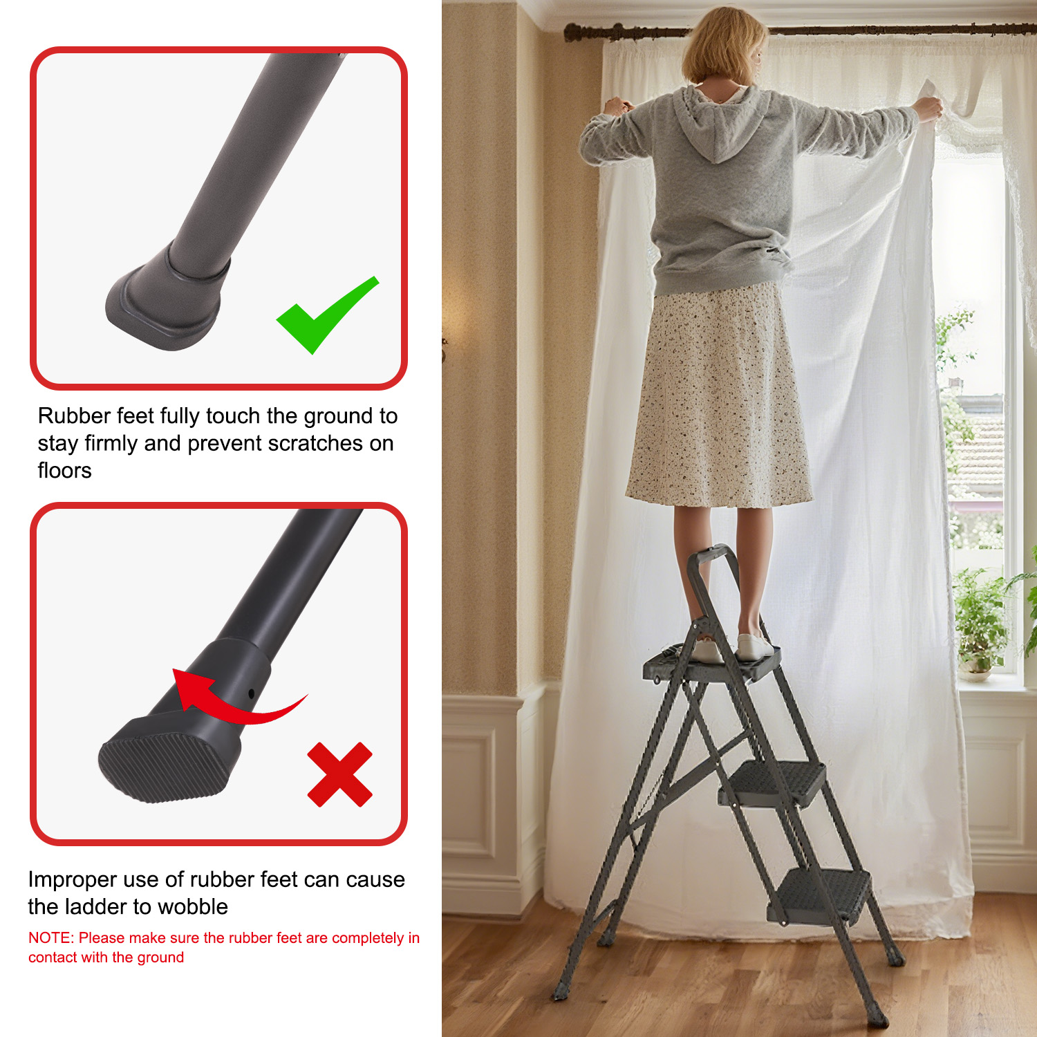 Une femme sur un escabeau ajuste un rideau. L'escabeau a des pieds en caoutchouc, avec des schémas montrant une utilisation correcte et incorrecte.