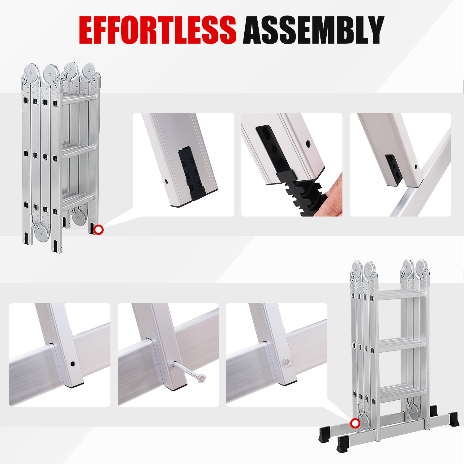 Obraz przedstawia etapy montażu drabiny. Tekst brzmi 'Effortless Assembly'. Drabina jest srebrna. Zbliżenia pokazują szczegóły montażu.
