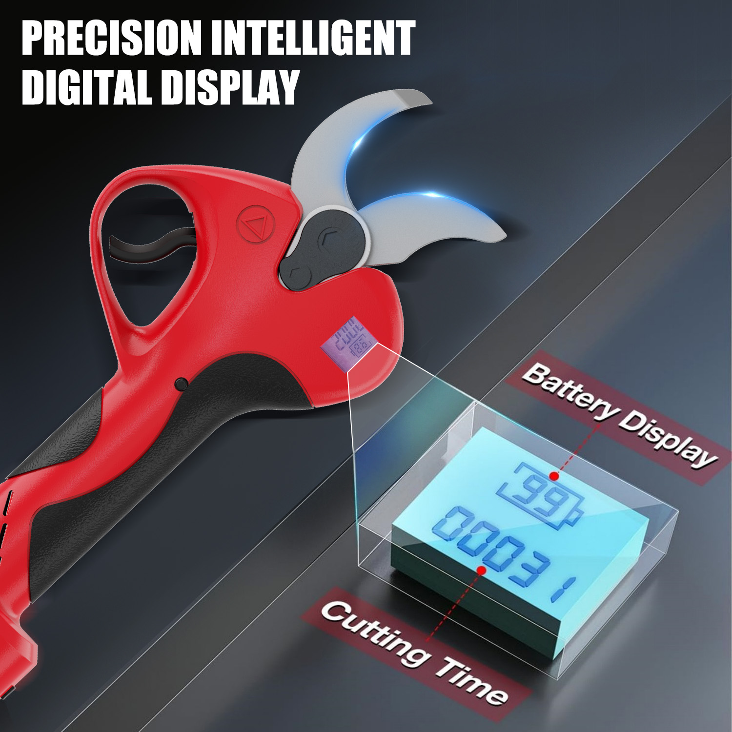 Czerwone i srebrne nożyce do przycinania z cyfrowym wyświetlaczem pokazującym baterię i czas cięcia. Tekst: Precyzyjny inteligentny wyświetlacz cyfrowy.