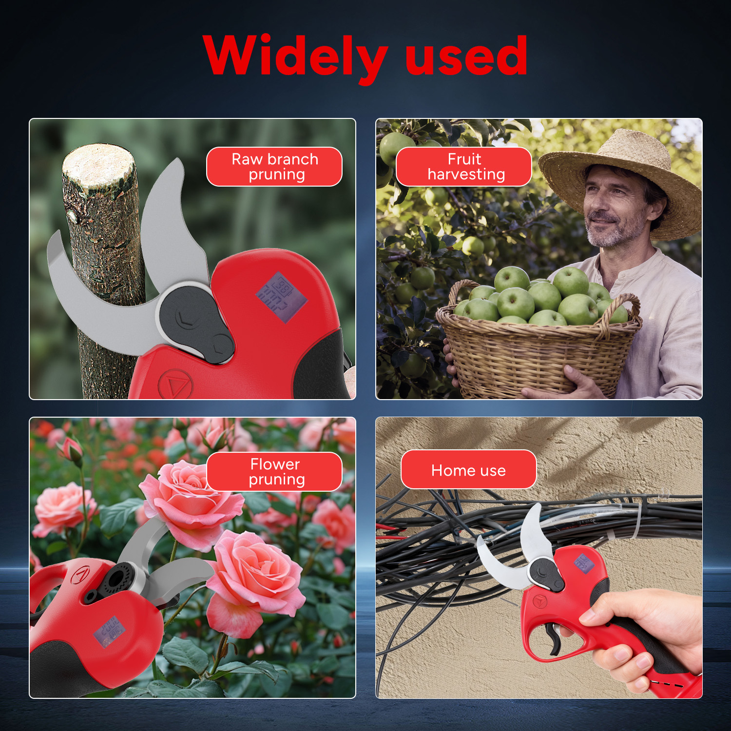 Obrazek przedstawia sekatory o różnych zastosowaniach: surowa gałąź, zbiory owoców, przycinanie kwiatów i użytkowanie domowe z kablami.