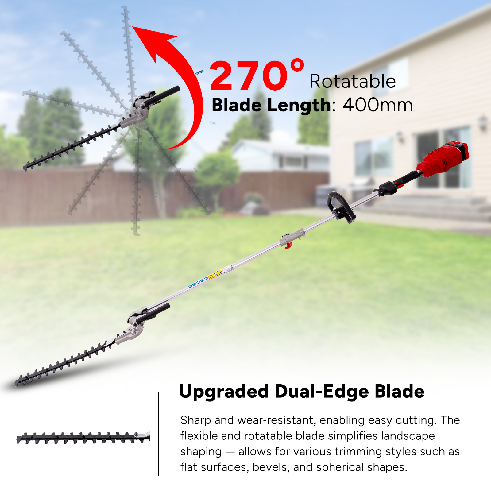 Nożyce do żywopłotu pokazujące obrót i długość ostrza, z tekstem podkreślającym jego cechy i ostrze z podwójną krawędzią.