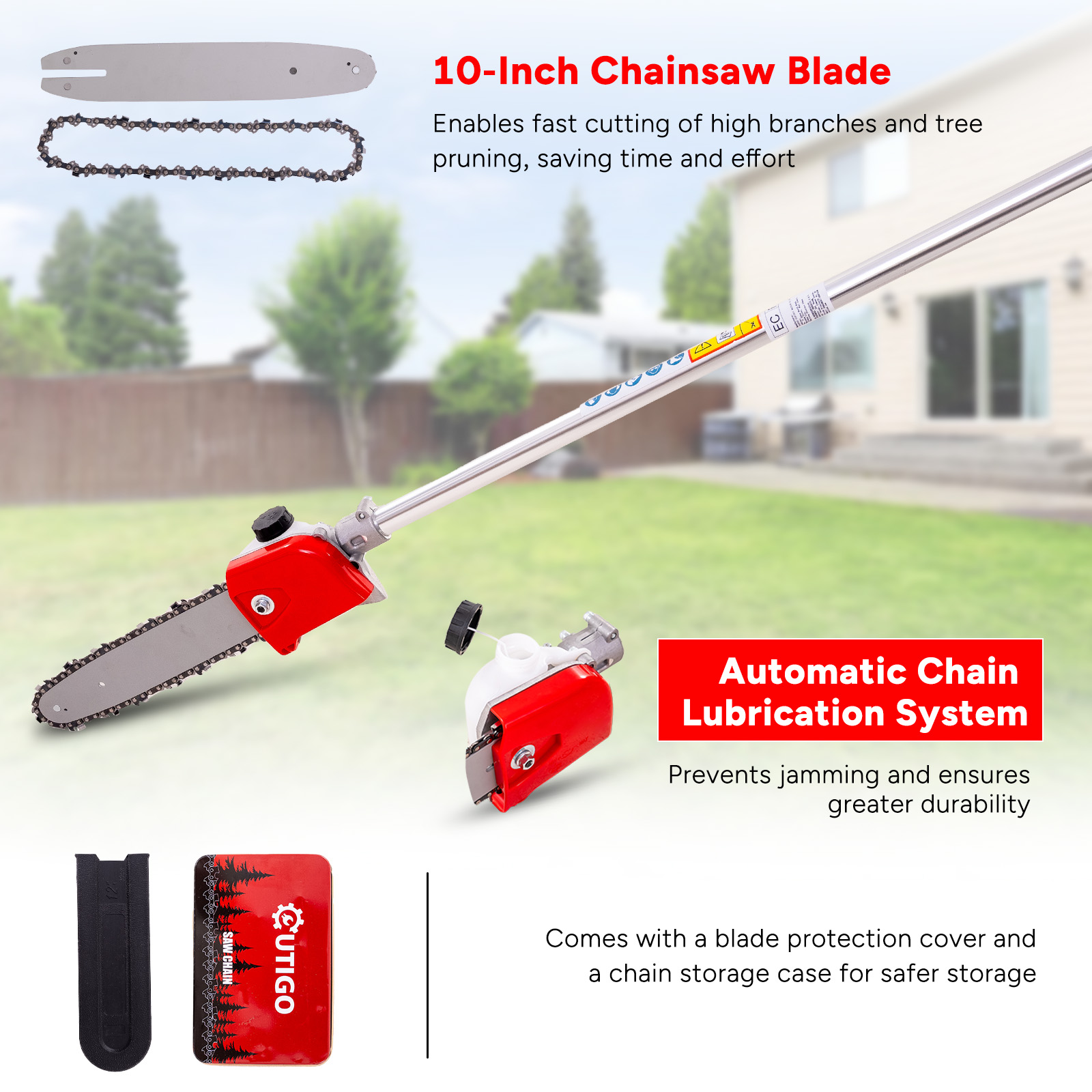 Piła łańcuchowa z czerwonym uchwytem i ostrzem. Zawiera ostrze, łańcuch i etui. Tło jest rozmyte.