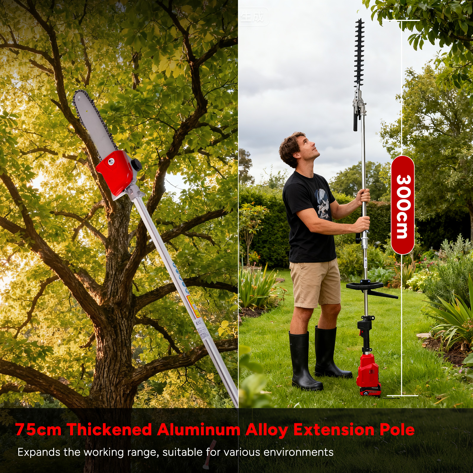 Mężczyzna używa długiej piły na wysięgniku. Piła tnie gałęzie drzew. W tle widać drzewa i trawę.