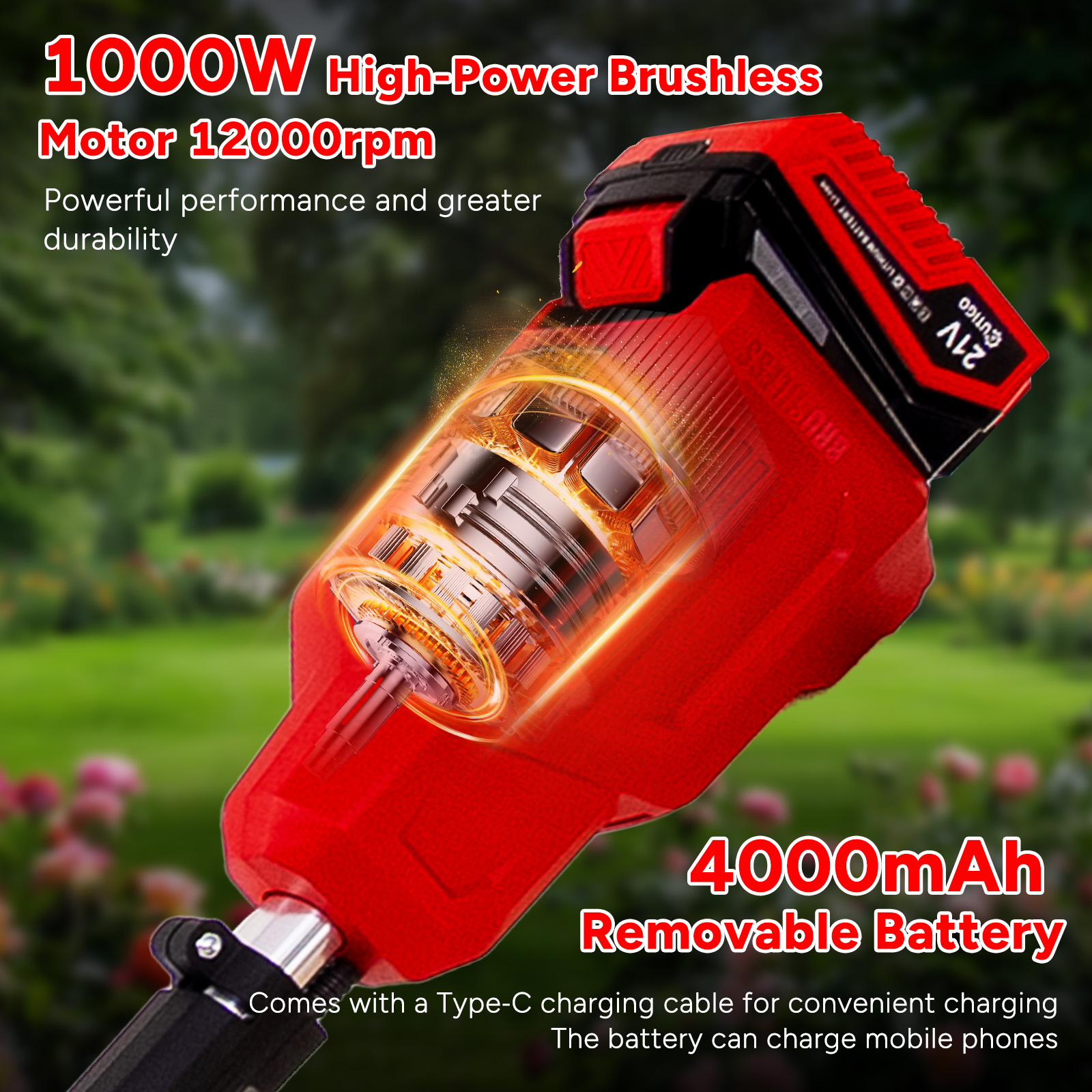 Czerwono-czarne elektronarzędzie z przezroczystą obudową silnika, tekst wskazujący specyfikacje mocy i baterii, zielone tło.