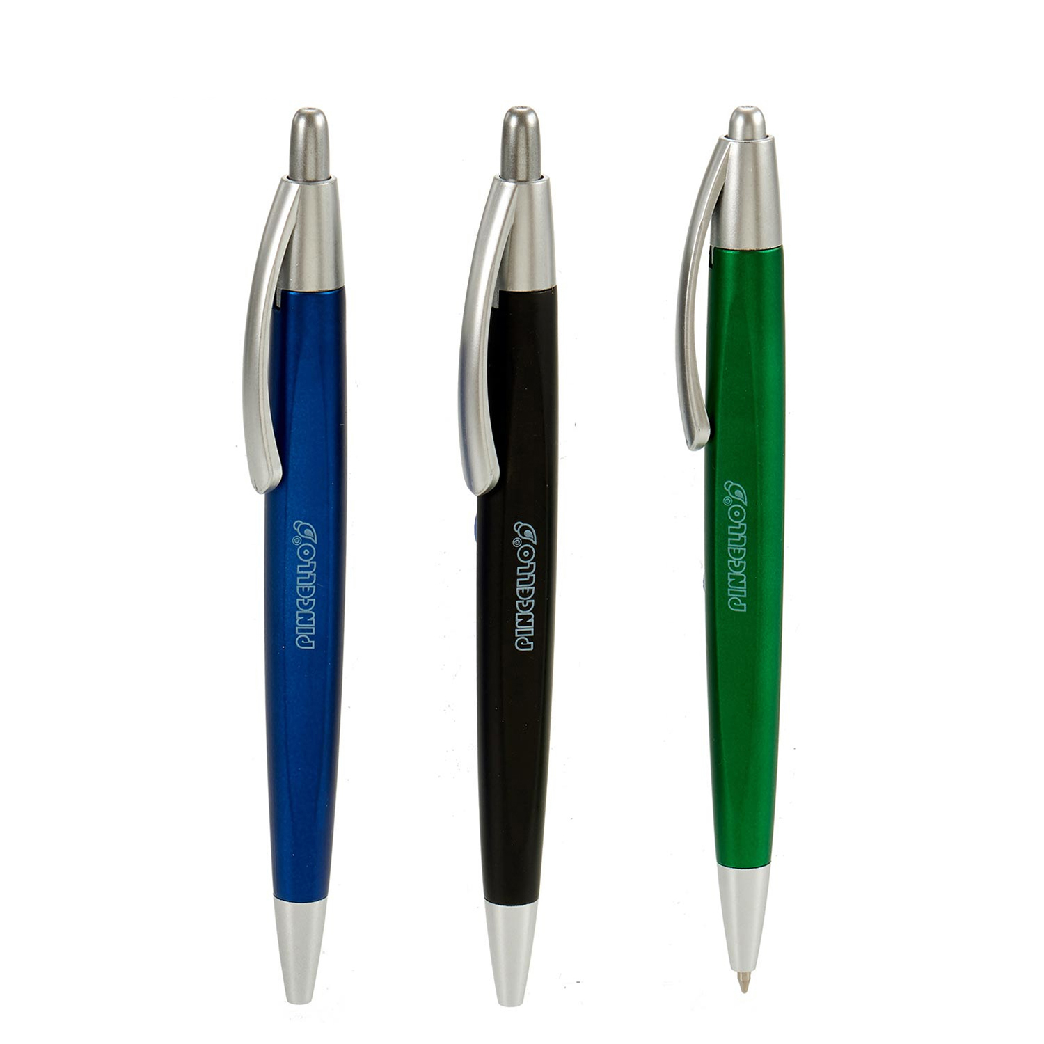 Tres bolígrafos: azul, negro y verde. Cada uno tiene un clip y una punta plateados. Los bolígrafos azul y verde tienen un logotipo.