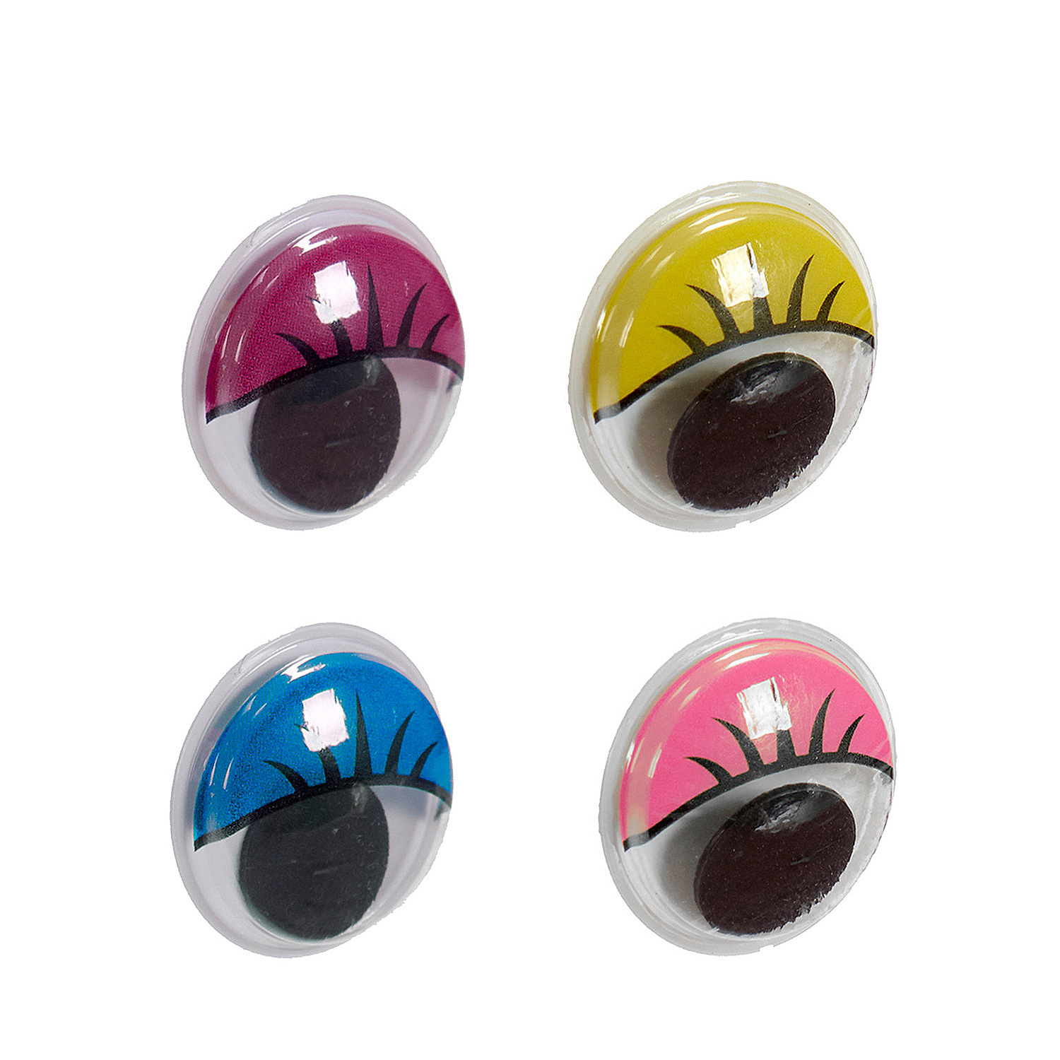 Cuatro ojos de juguete de plástico de colores. Tienen párpados de diferentes colores: rosa, amarillo, azul y rosa. Cada uno tiene una pupila marrón.