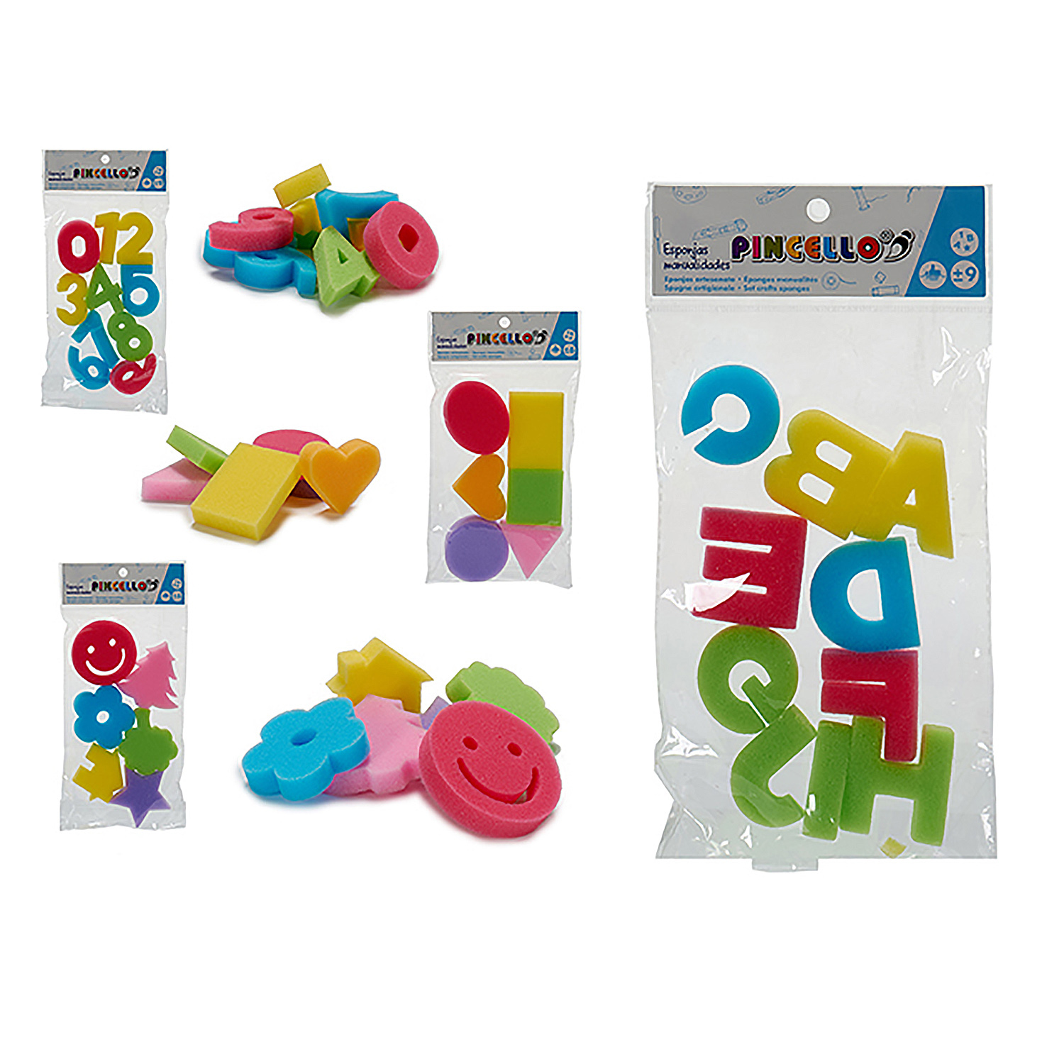 La imagen muestra formas de espuma coloridas, incluyendo números, letras y varias formas como círculos, corazones y flores, empaquetadas en bolsas de plástico transparentes.