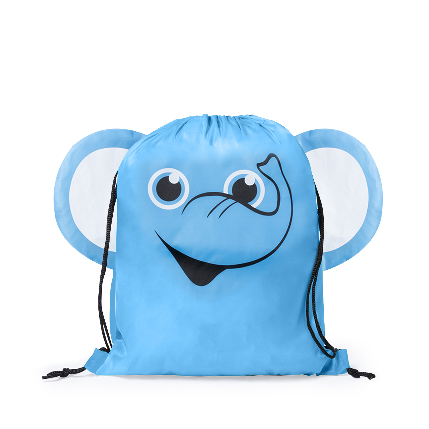 Una borsa blu con coulisse a forma di elefante. Ha grandi orecchie bianche e un volto sorridente con dettagli neri.