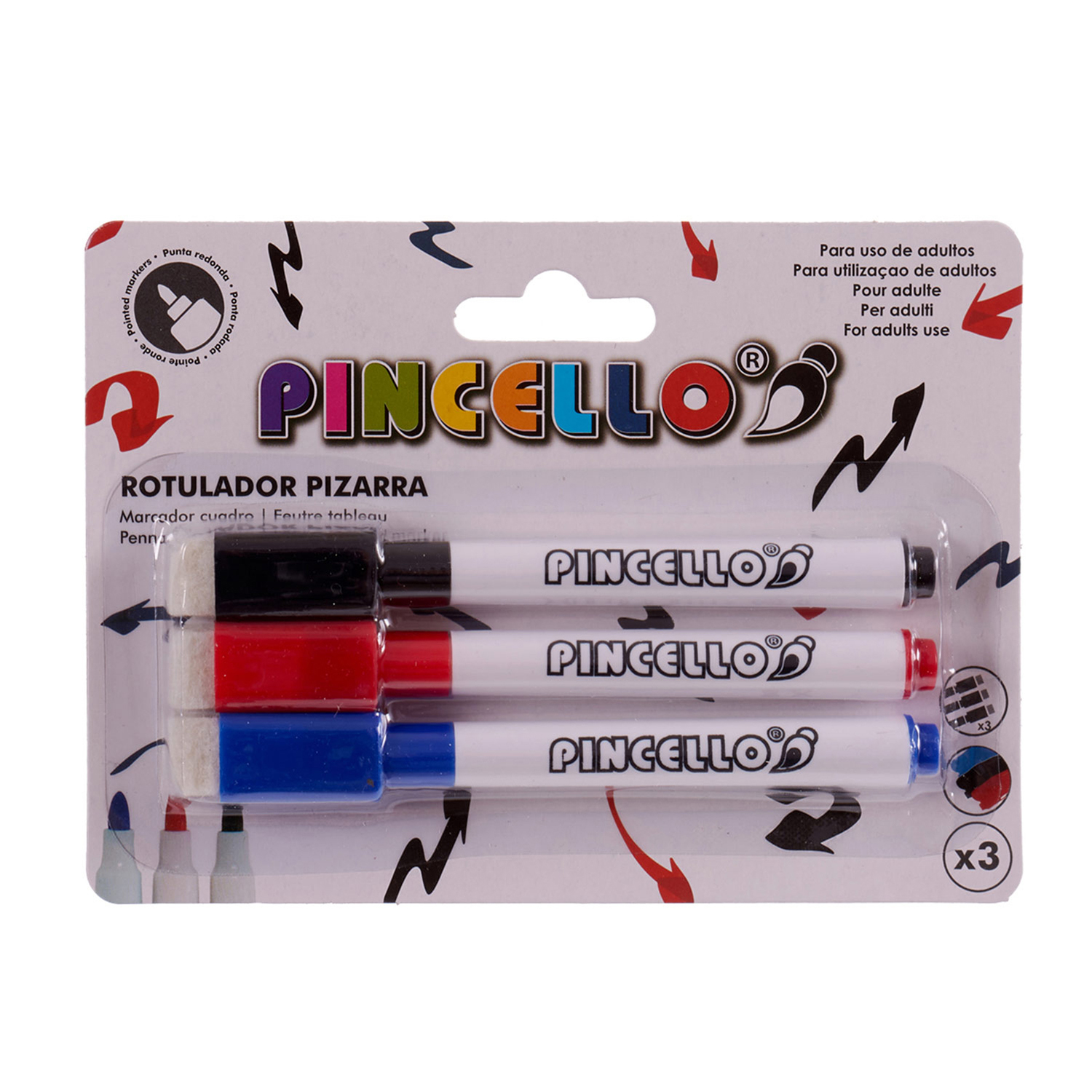 Un paquete de tres rotuladores para pizarra: negro, rojo y azul. La marca es 'Pincello'. El paquete dice 'For adults use'.