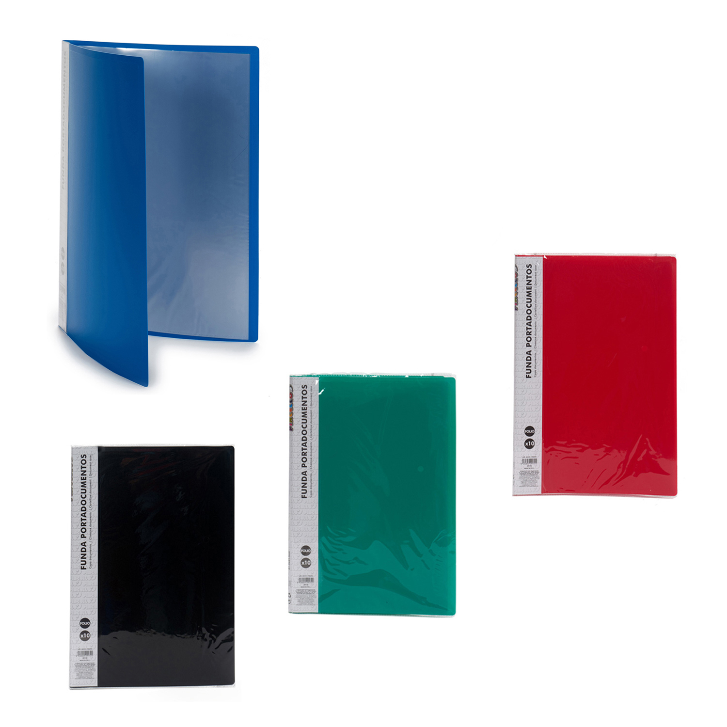 La imagen muestra cuatro portadocumentos de varios colores: azul (abierto), negro, verde y rojo, sobre fondo blanco.