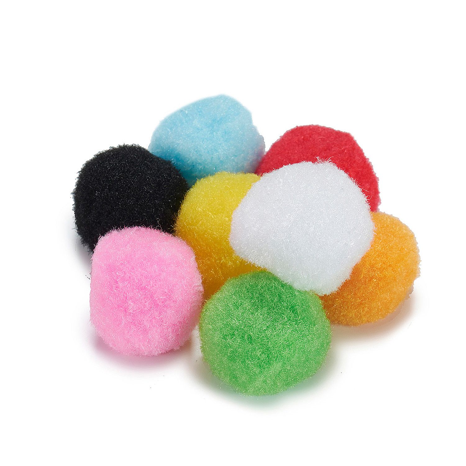 Un grupo de pompones coloridos: azul, negro, rosa, amarillo, rojo, blanco, naranja y verde, sobre un fondo blanco.