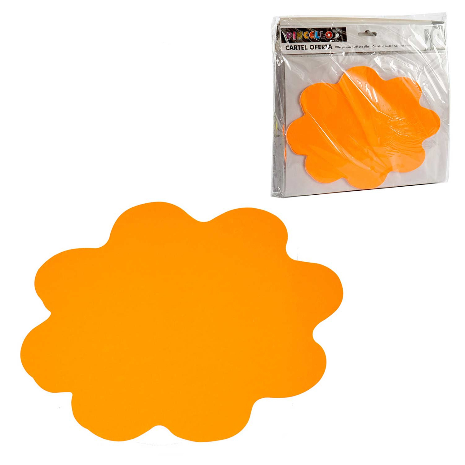 Un letrero naranja con forma de flor. Otro está en una bolsa de plástico. El texto en la bolsa dice 'CARTEL OFERTA'.