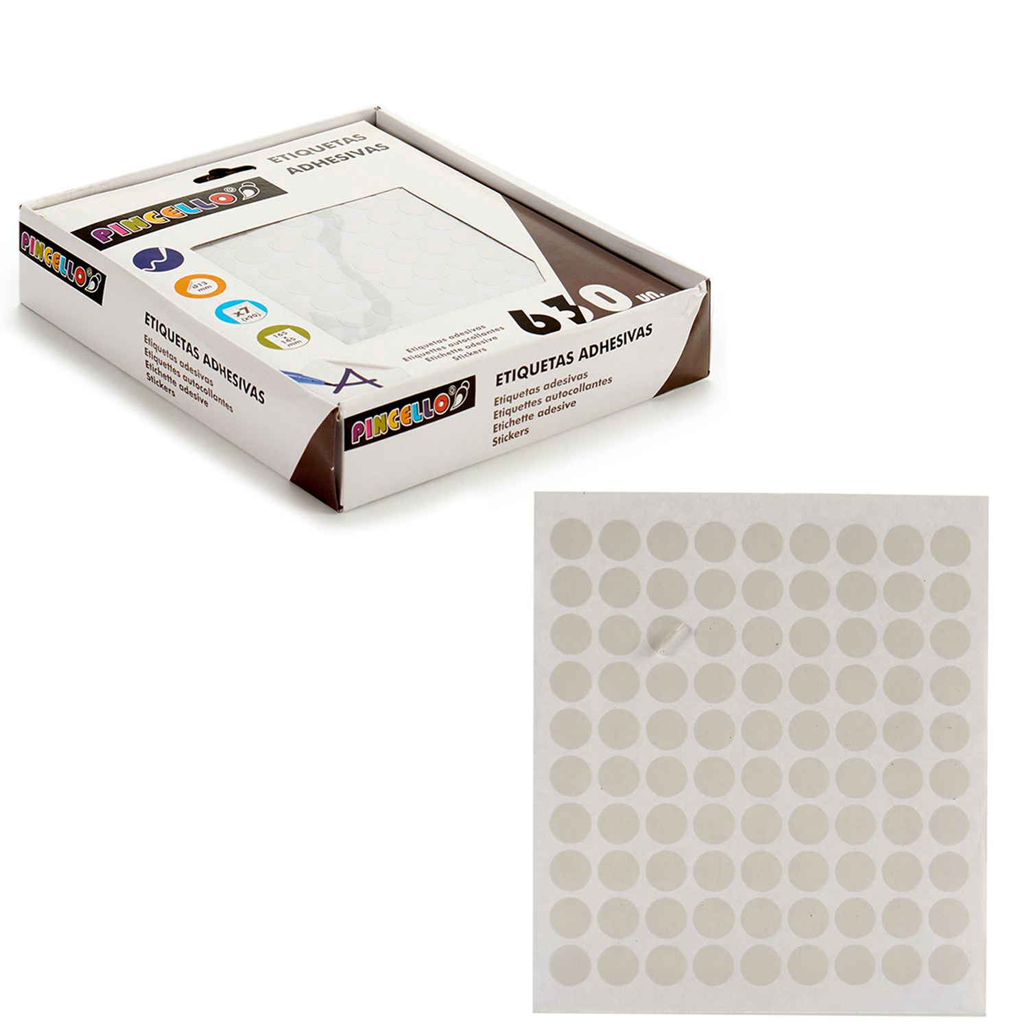 Una caja de pegatinas redondas y una hoja de pegatinas. La caja es blanca y marrón, las pegatinas son de color beige claro.