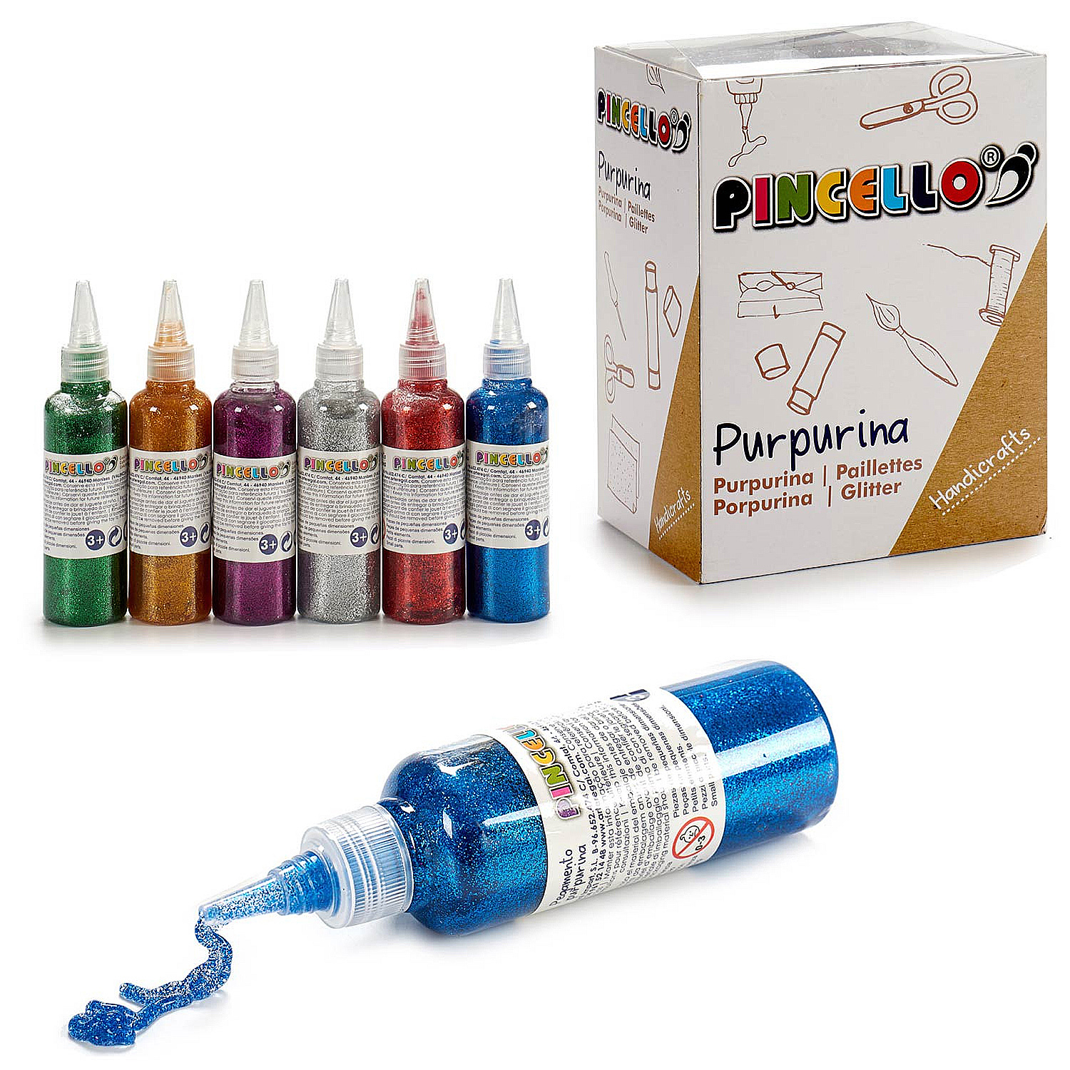 Seis botellas de pegamento con purpurina de varios colores, una caja y una botella con purpurina derramada.