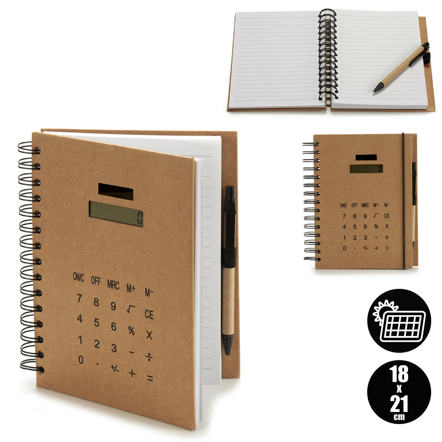 Notizbuch mit Rechner, Stift und leeren Seiten. Brauner Umschlag mit Rechnertasten. Weitere Bilder zeigen Details und Abmessungen.