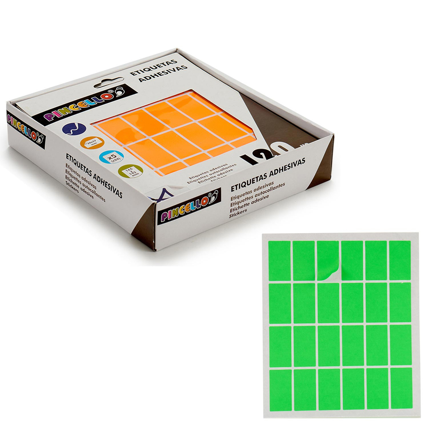 Caja de etiquetas adhesivas naranjas y verdes. La caja dice 'Etiquetas Adhesivas'. Hoja verde de etiquetas a la derecha.