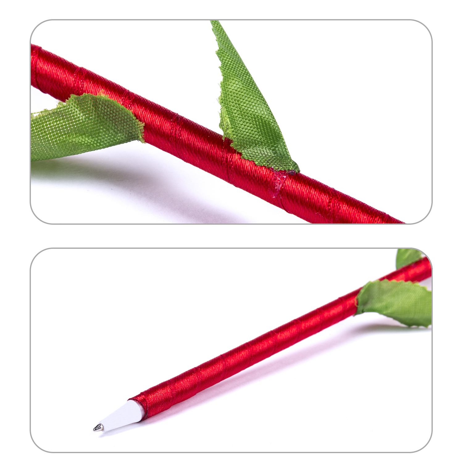 Ein roter Stift, der einem Rosenstiel ähnelt, mit grünen Blättern auf weißem Hintergrund. Die Stiftspitze ist weiß.