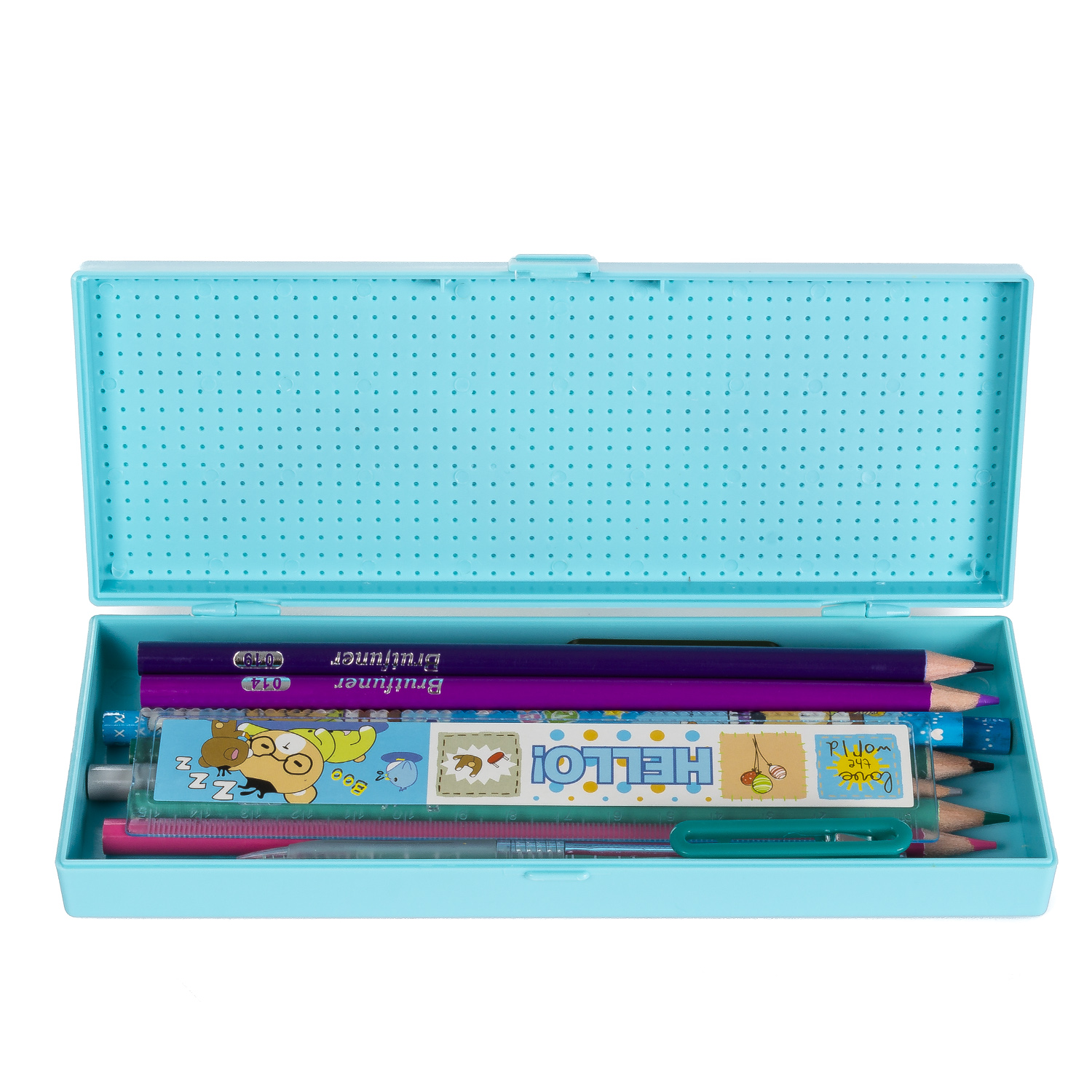 Estuche azul abierto con lápices, regla y bolígrafos. Tiene una pegatina de ¡Hola! y otros objetos coloridos dentro.