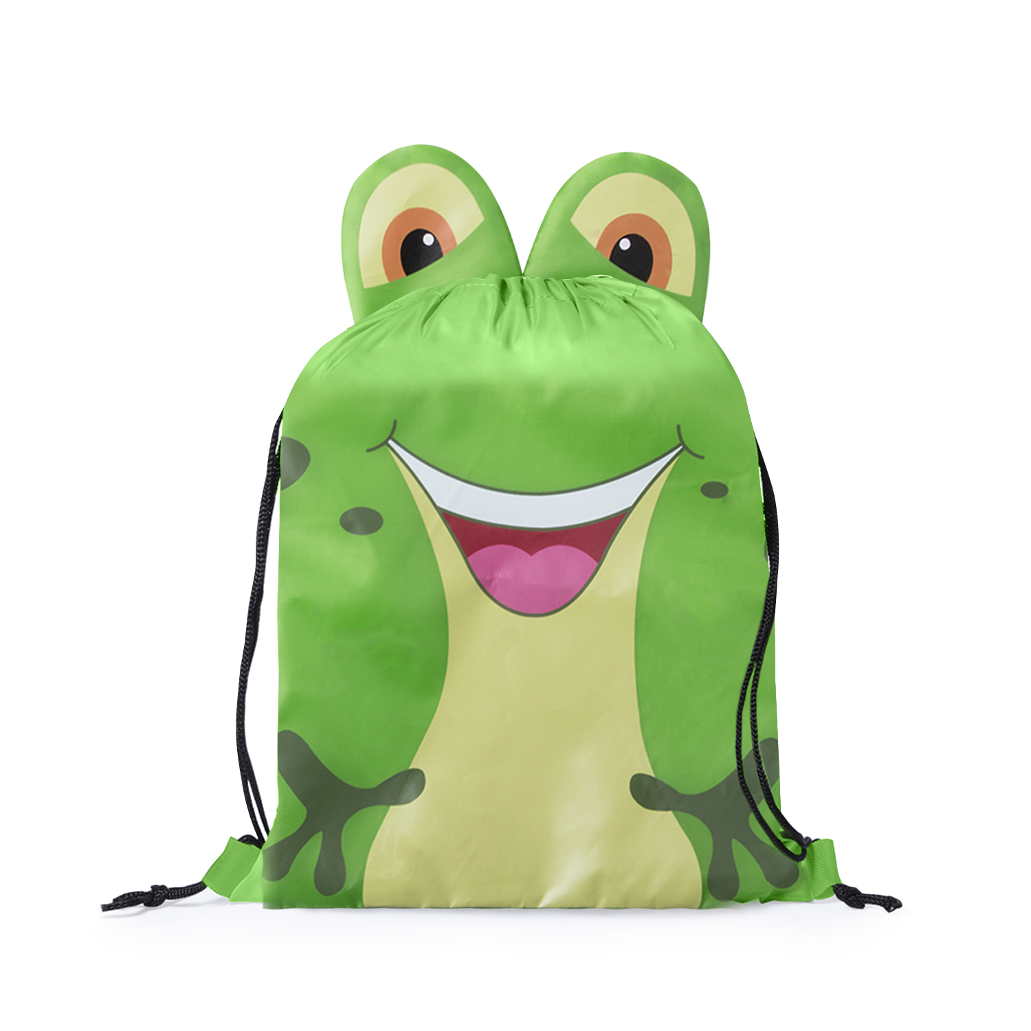 Una borsa verde con coulisse con un design a forma di faccia di rana. La rana ha grandi occhi, una bocca sorridente e un corpo verde chiaro.